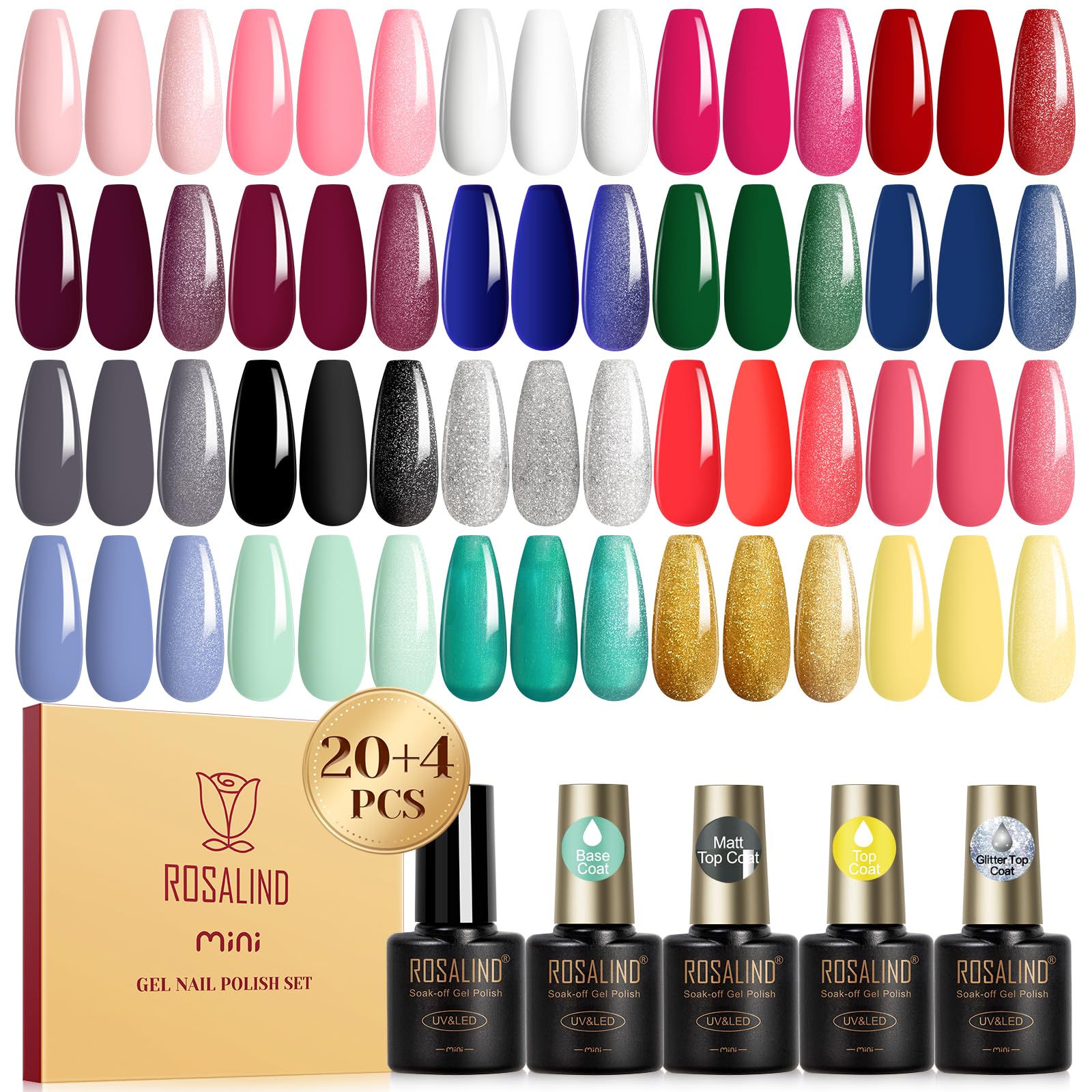 (colors may not be same as pictured) ROSALIND 24PCS Gel Nail Polish Set with 4 PCS Base Coat and Matte and Glossy and Glitter Top Coat,20 Color Vibrant and High Shine Gel Polish
