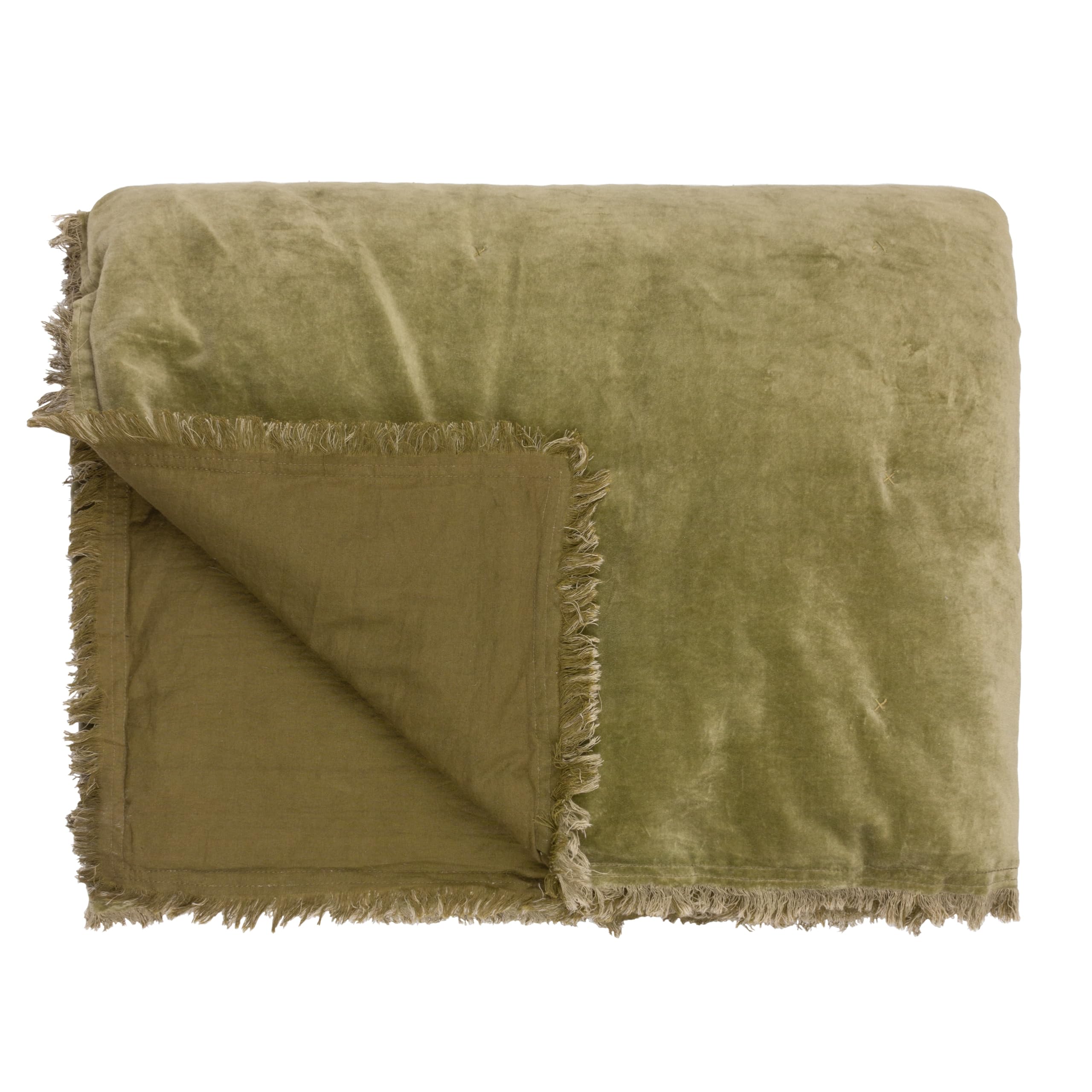 furn. Yard Jaye Cotton Velvet Filled Bedspread - Soft Fringed Finish (Moss - 220x140cm)
