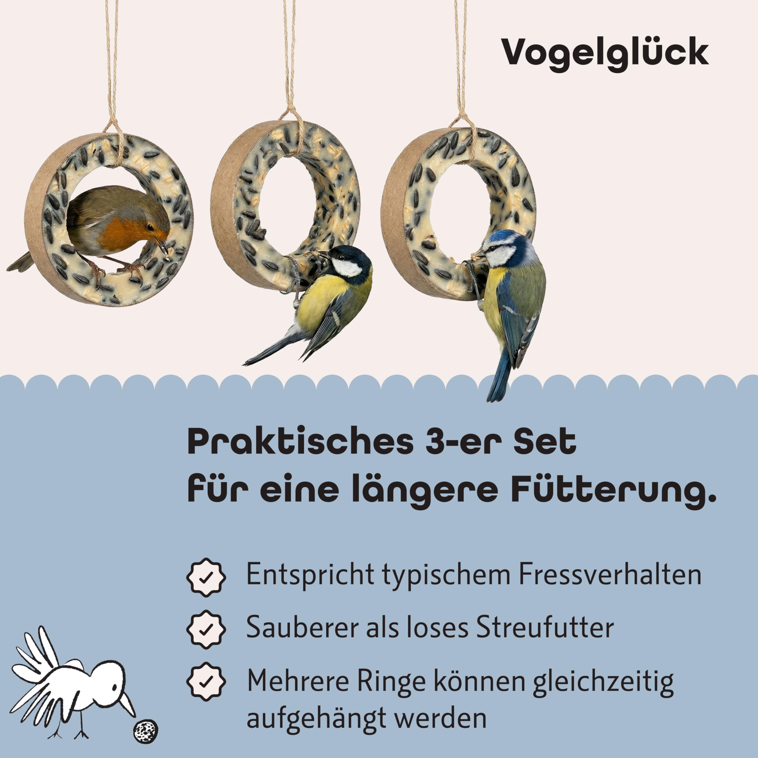 Vogelglück Meisenringe 6x3 Stück – Energiereiches Wildvogelfutter mit Saaten & Getreide – Ganzjahresfutter zum Aufhängen für Meisen & Wildvögel, Vogelringe für Körner und Weichfutterfresser