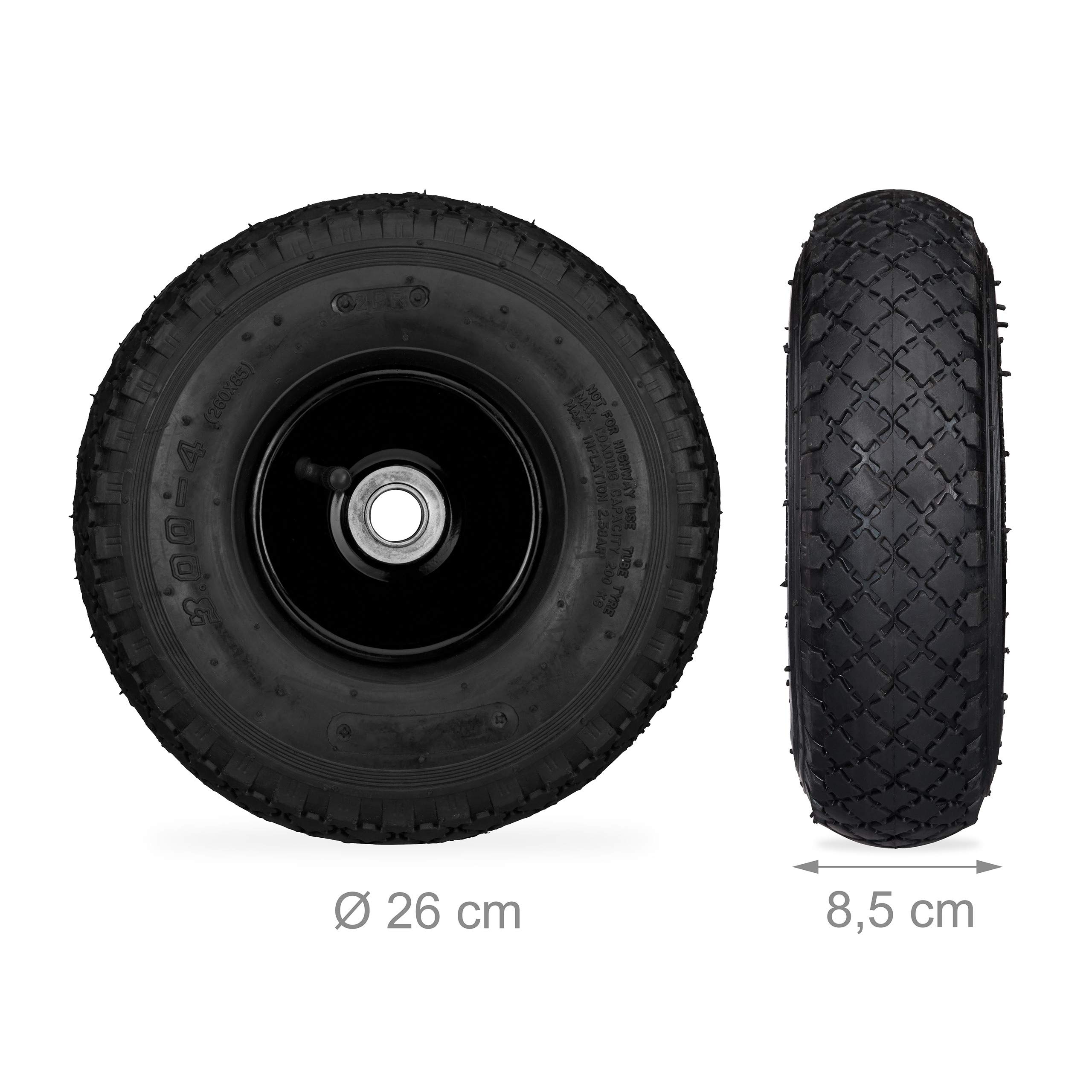 Relaxdays Set di 4 Ruote 3.00-4 per Carriola, ad Aria, 260x85 mm, Cerchione in Acciaio, Max. 100kg, Nero