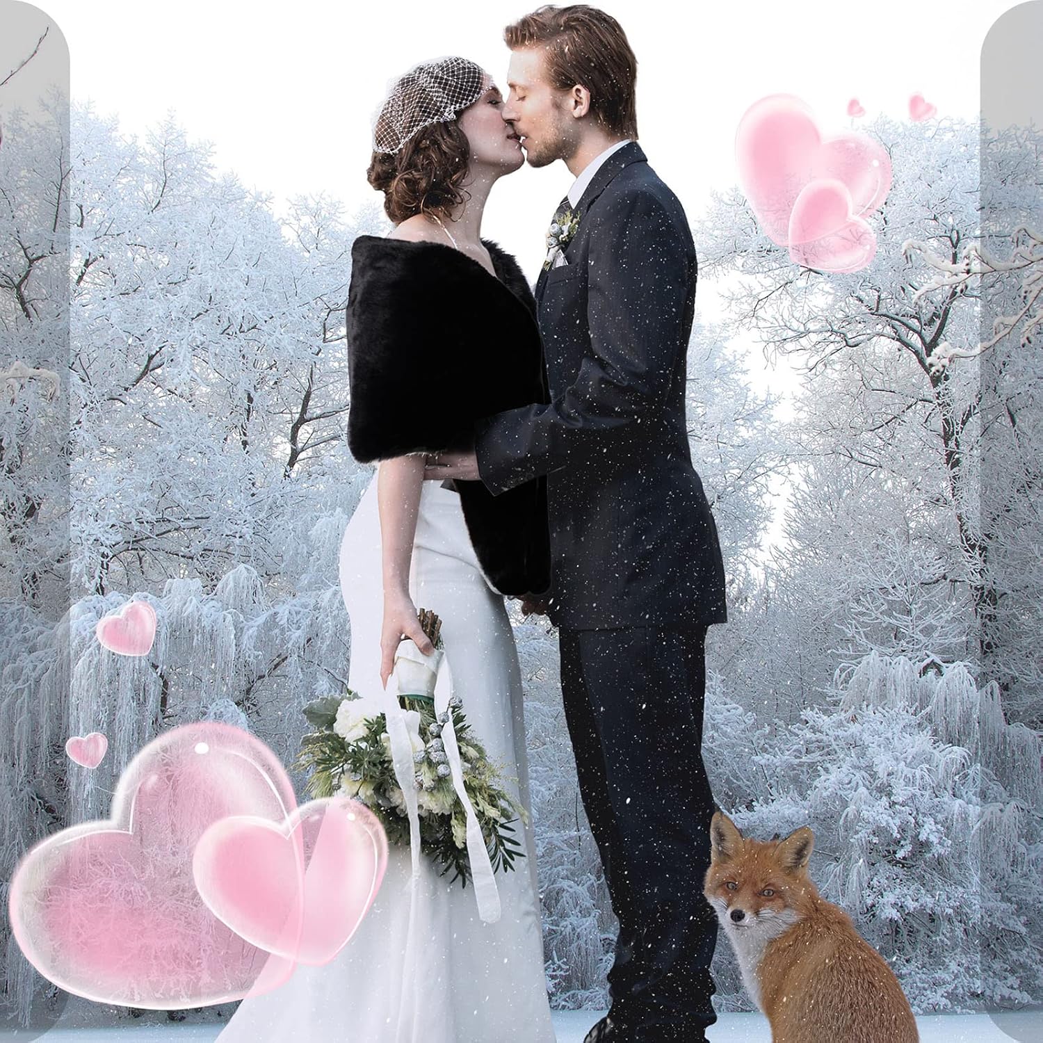 Jadive Women's Faux Fur Shawl Wrap Fake Fur Stoles Scarf Shrug Bridal Winter Wedding Evening Dress with 2 Rhinestone Brooches - Image 7