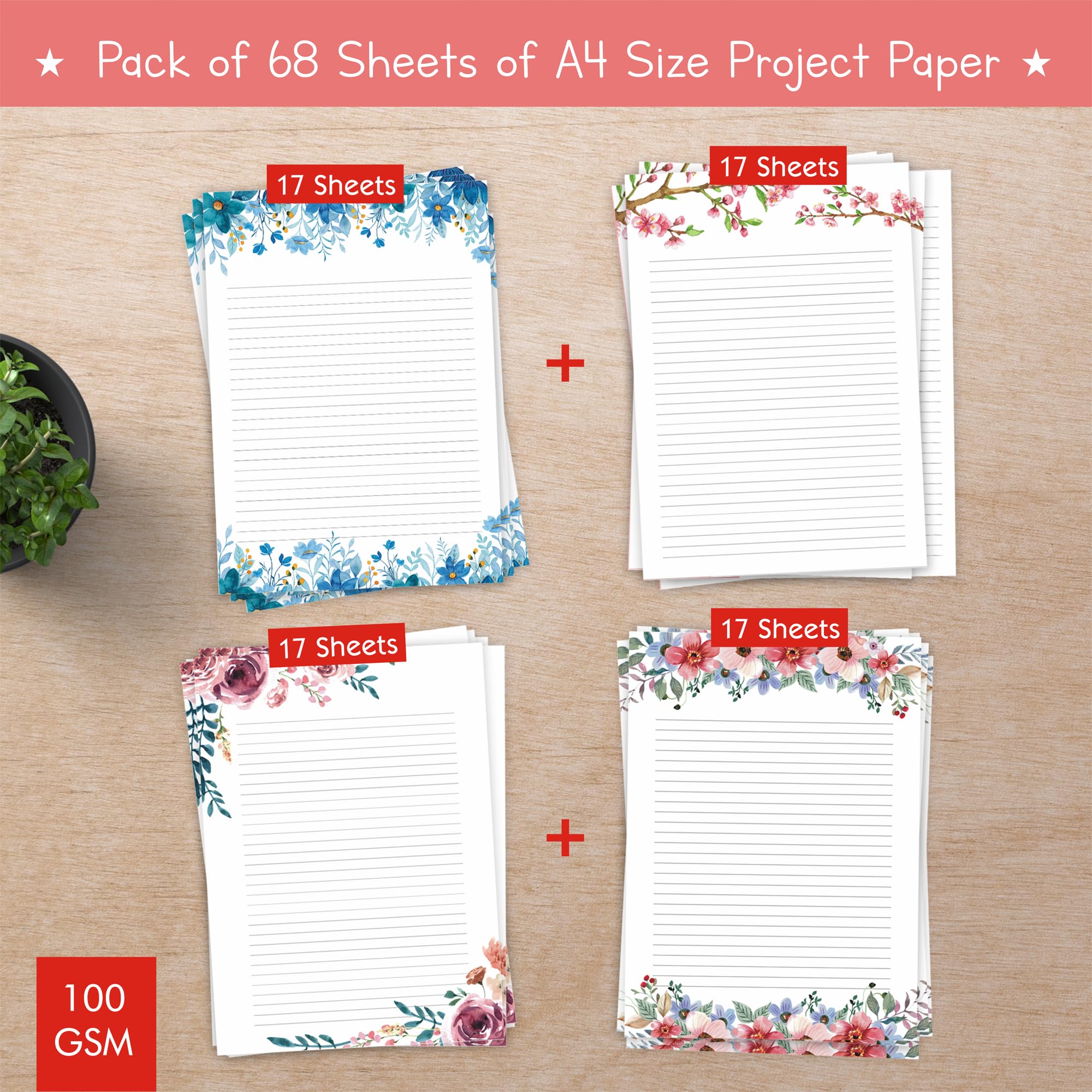 Zaslan One Side Ruled Designer Sheets, A4 Size Project Papers – Floral Practical Sheets for Assignment, Art & Craft – Pack of 68 Sheets, 100 GSM