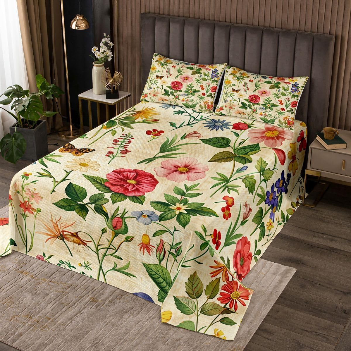 jejeloiu Spring Flower Bedspread Queen Size Floral Coverlet Set Boho Floral Quilted Coverlet for All Season with 2 Pillowcases Wildflower Botanical Microfiber Lightweight