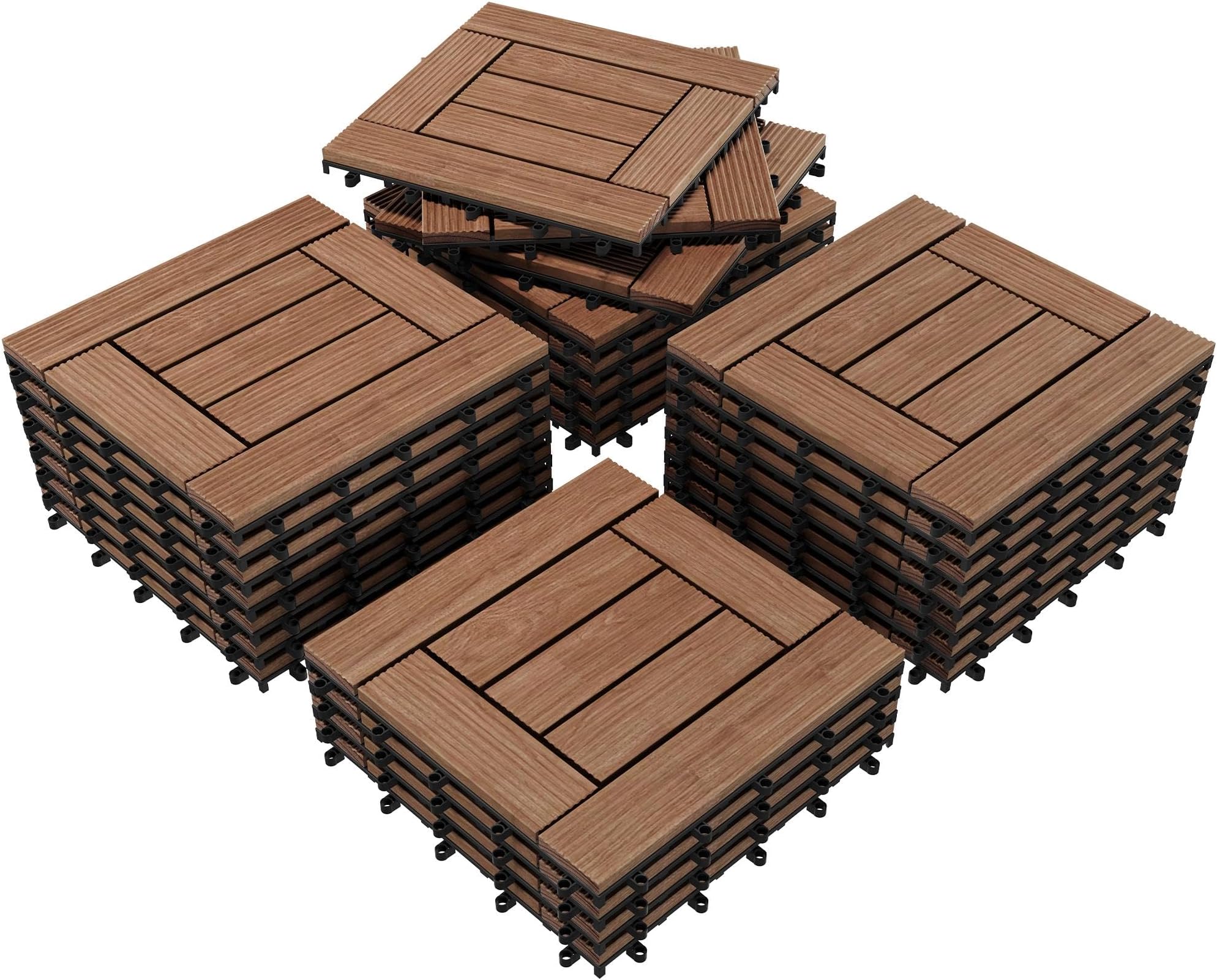 Yaheetech 27PCS Wooden Flooring Patio Deck Tiles Interlocking Tiles Patio Solid Wood and Plastic Indoor&Outdoor 12 x 12in Brown