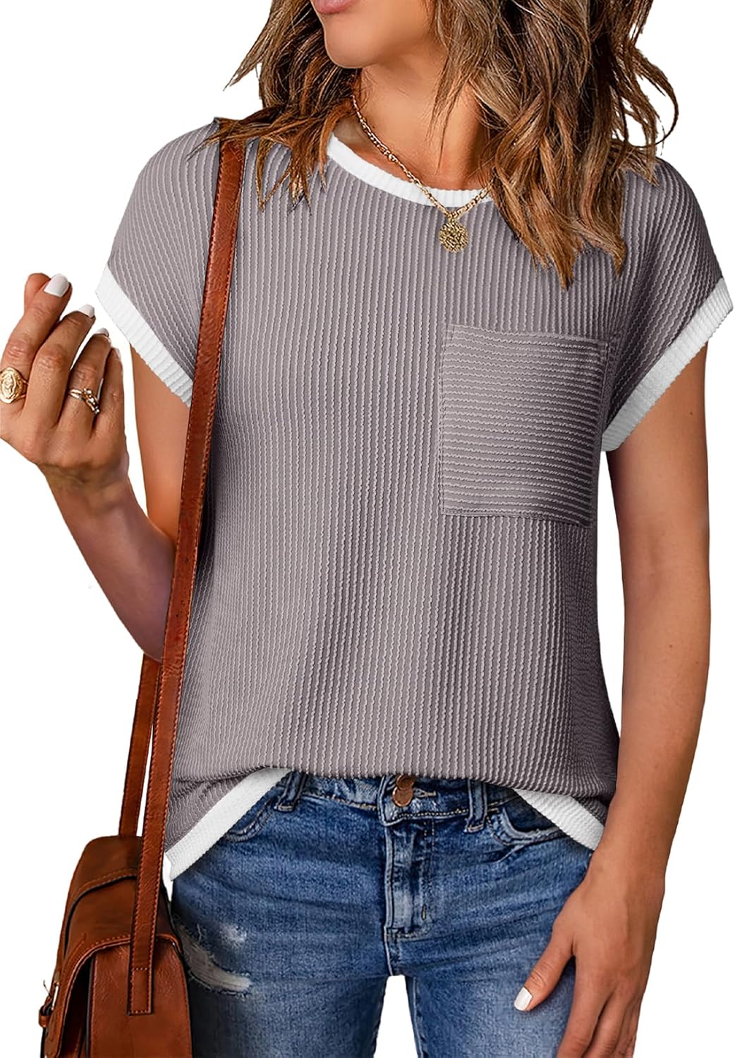 EVALESS Women's Short Sleeve T Shirts Crewneck Color Block Ribbed Knit Tee Blouses 2026 Trendy Summer Tops