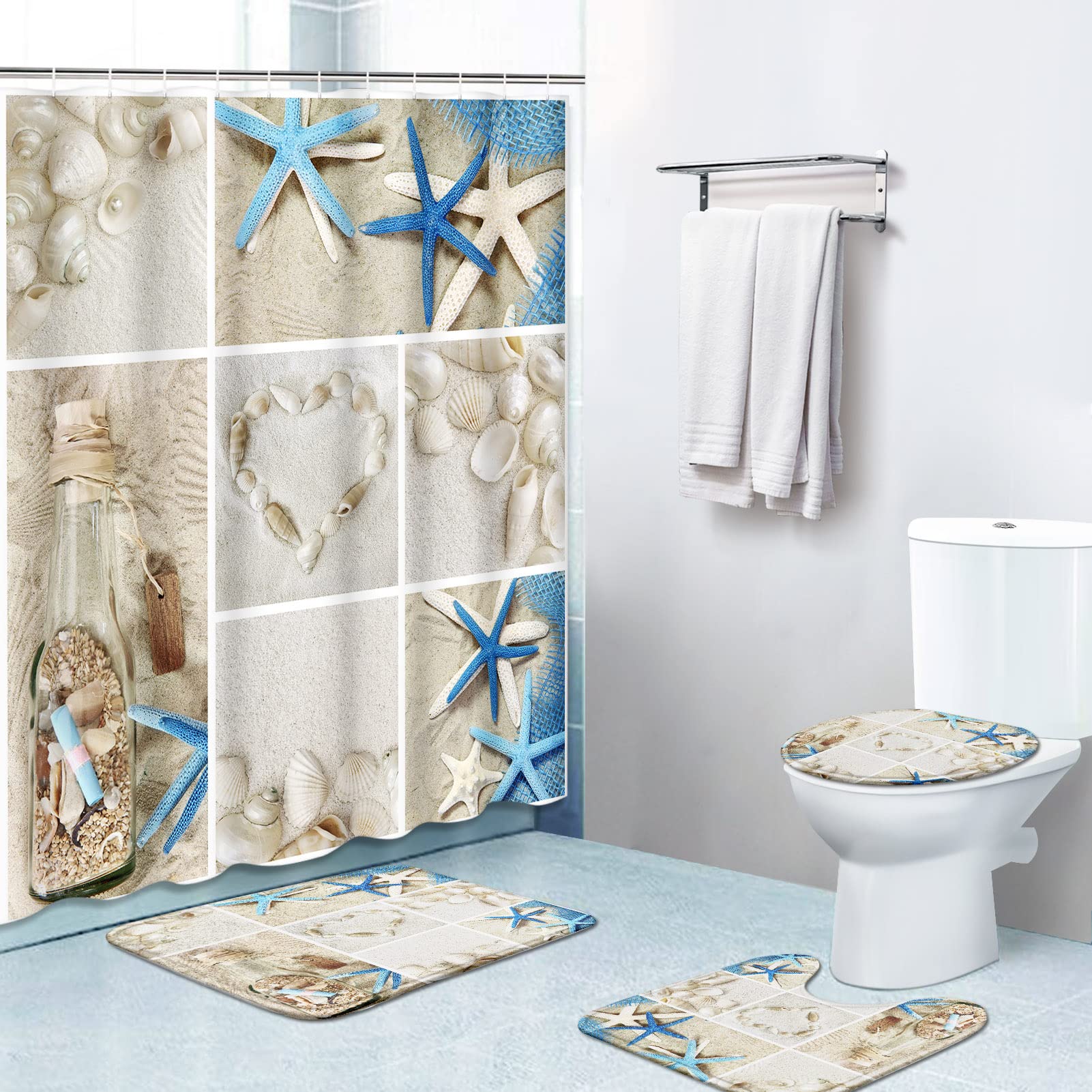 CHARMHOME 4 Piece Shower Curtain Sets with Non-Slip Rug, Toilet Lid Cover,  Bath Mat and 12 Hooks,Fins On The Sea Level Waterproof Bathroom Curtains