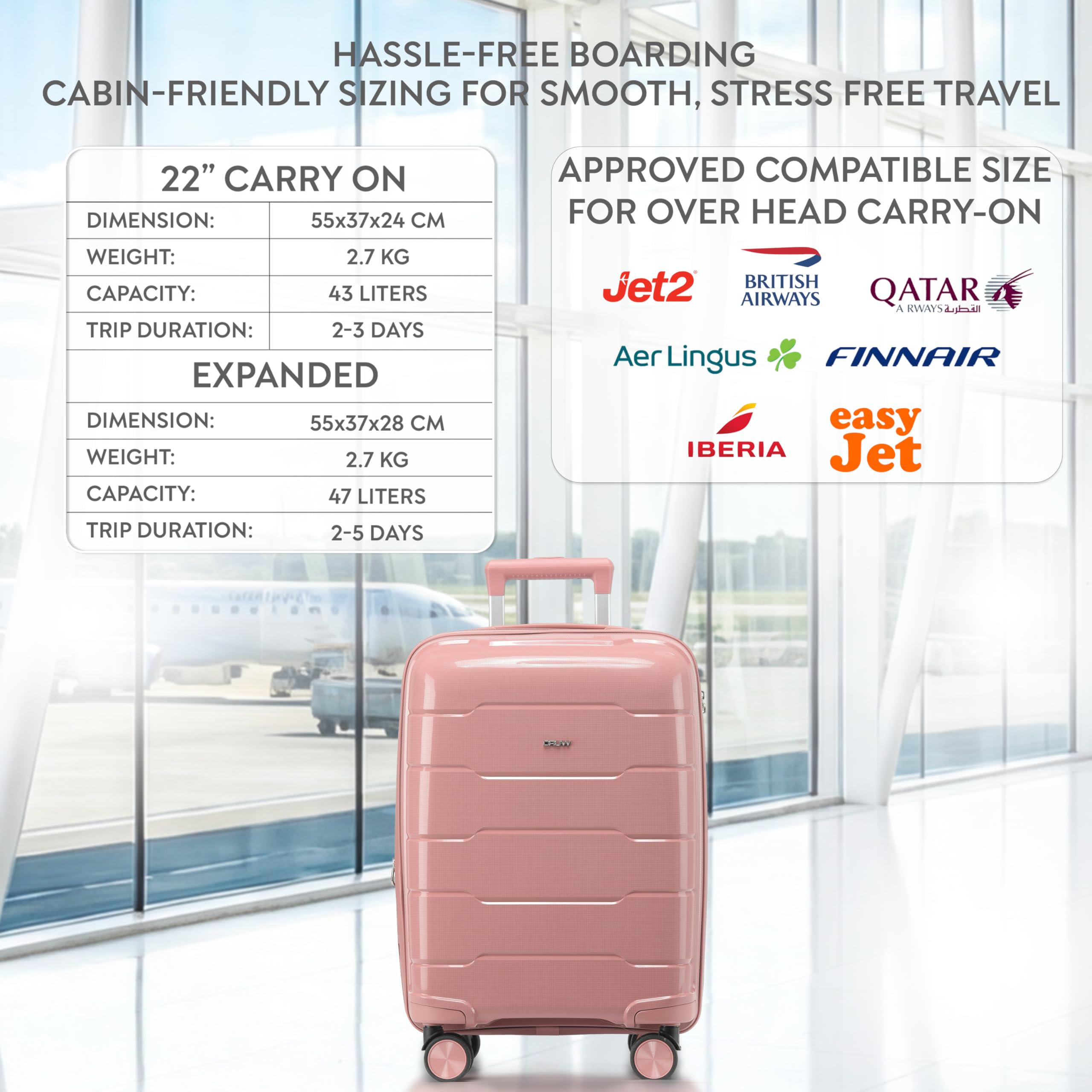 CRUW Hand Luggage, TSA Approved Lock, Silent Double Spinner Wheels Expandable Lightweight Suitcase – Bag Fits 56x45x25cm Overhead Carry On Limit for easyJet, BA, Jet2 & More – Black