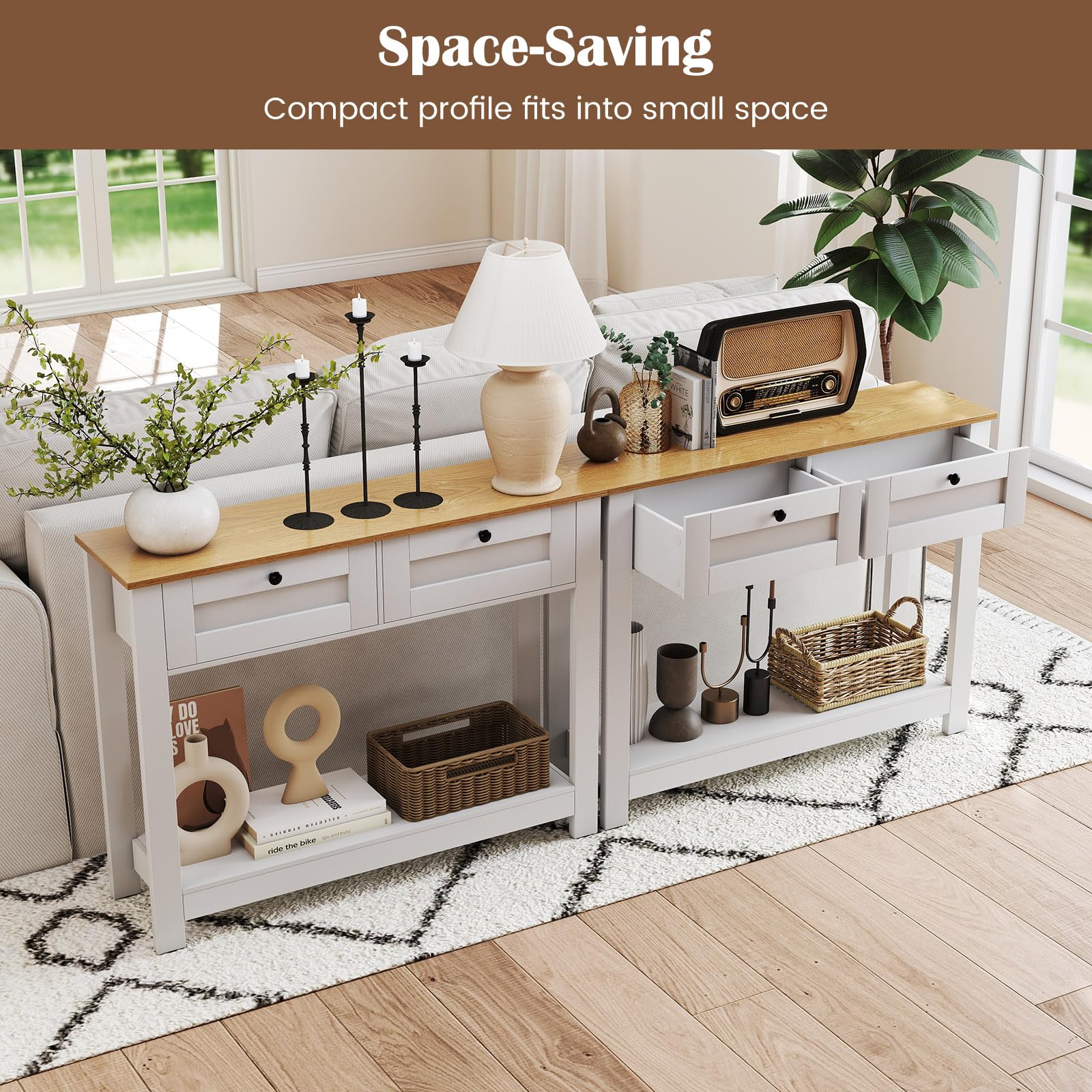 LIFEZEAL Tavolo Consolle, Console Bianca in Legno, Tavolo d’Ingresso a 2 Ripiani, con 2 Cassetti, Antiribaltamento, Moderno, Corridoio, Entrata, Soggiorno, Dietro Divano, Max 80 kg, 106x30x81,5 cm