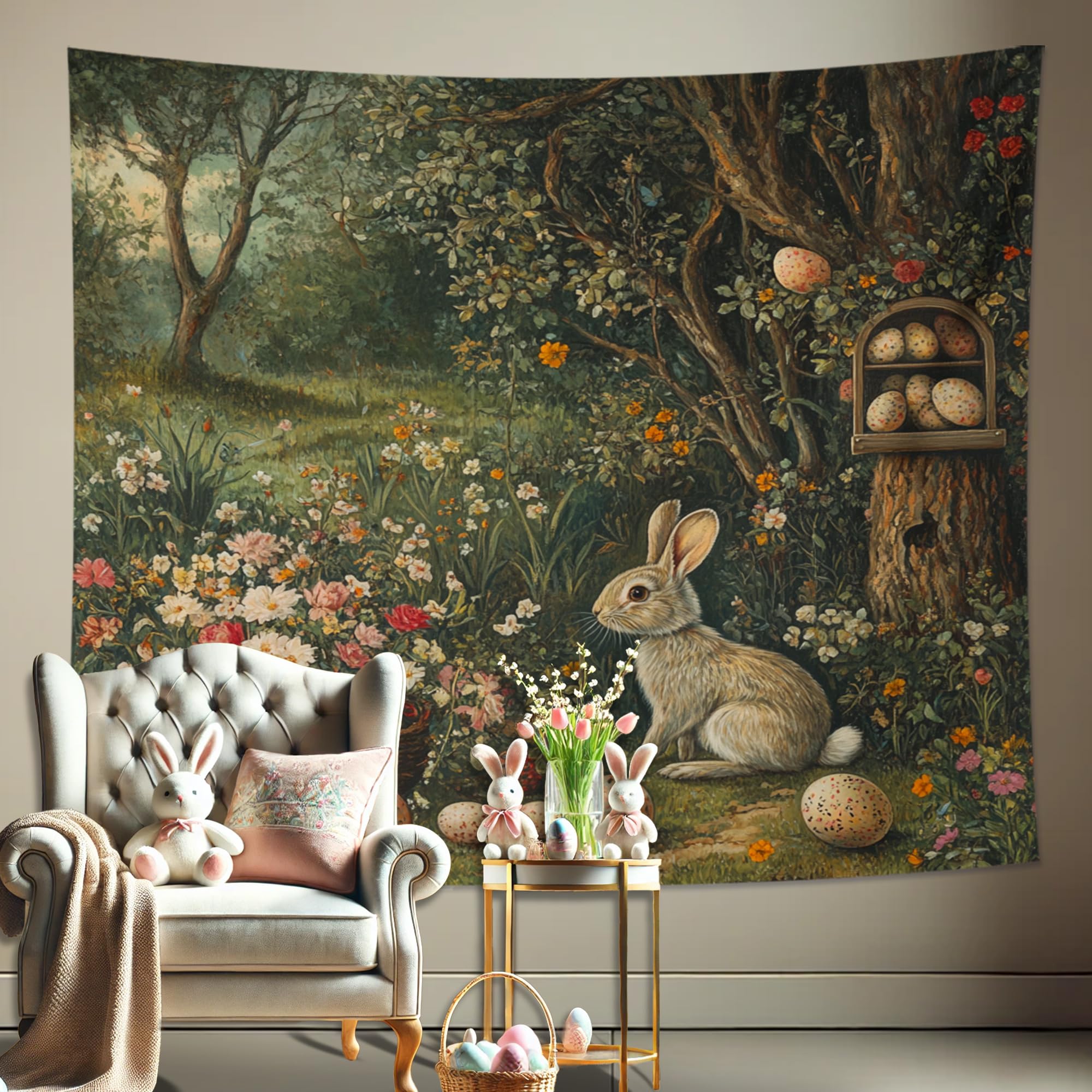 Rabbit and Eggs Floral Tapestry, Spring Decor Wall Hanging, Vintage Style Nature Tapestry for Bedroom, Living Room, Easter Celebration 80x60 Inch