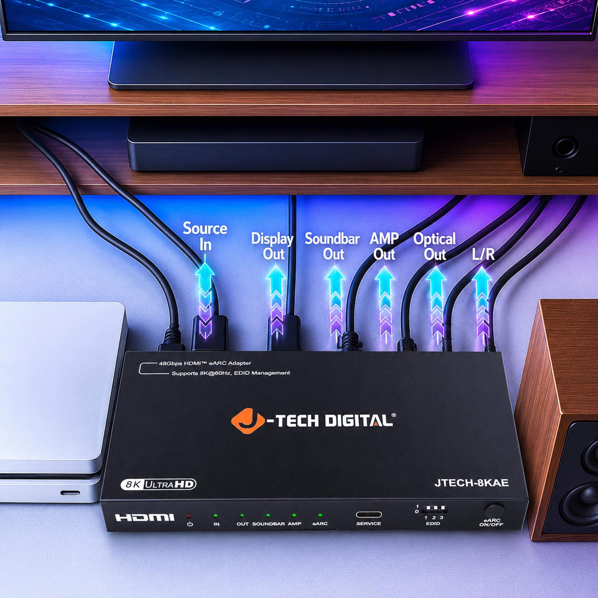 J-Tech Digital Estrattore audio HDMI 8K con eARC ARC 8K 60Hz 4K 120Hz, adattatore convertitore da HDMI a ottico L/R, HDCP 2.3 HDR CEC EDID [JTECH-8KAE]