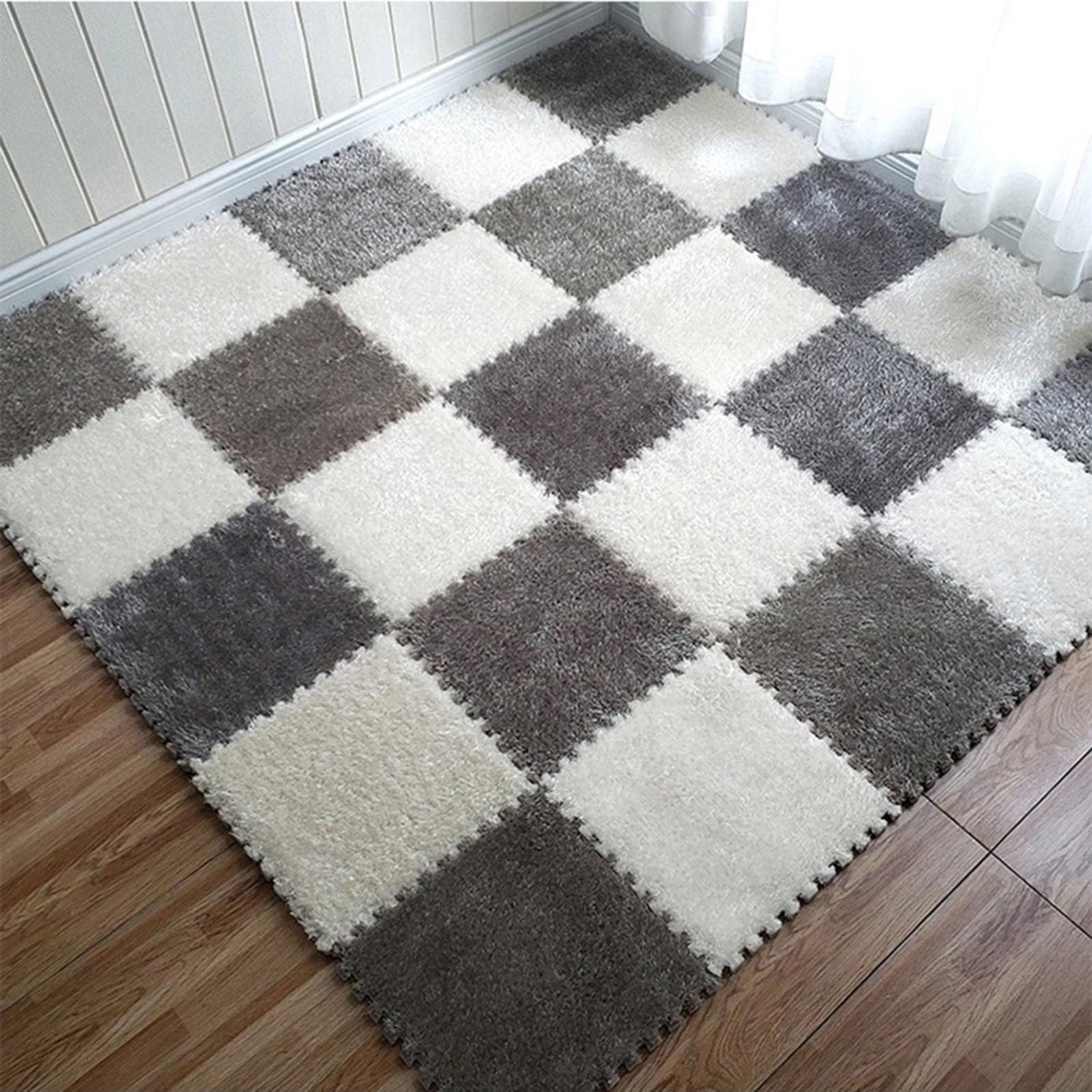 Splice Interlocking Carpet Interlocking Tappetino Antiscivolo in Schiuma di Peluche, 12 Pezzi, Tappeto da Arrampicata Quadrato, tappeti Quadrati in Schiuma di Peluche,Gray+White-One Size
