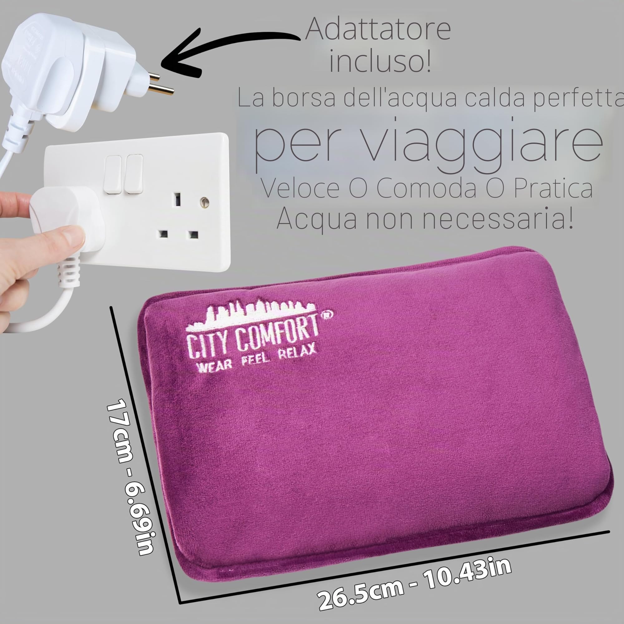 CityComfort Borsa Acqua Calda Elettrica Scaldino Elettrico Ricaricabile Morbida Copertura Boule Scaldamani Piedi Ciclo Relax Scaldotto Portatile (Viola)