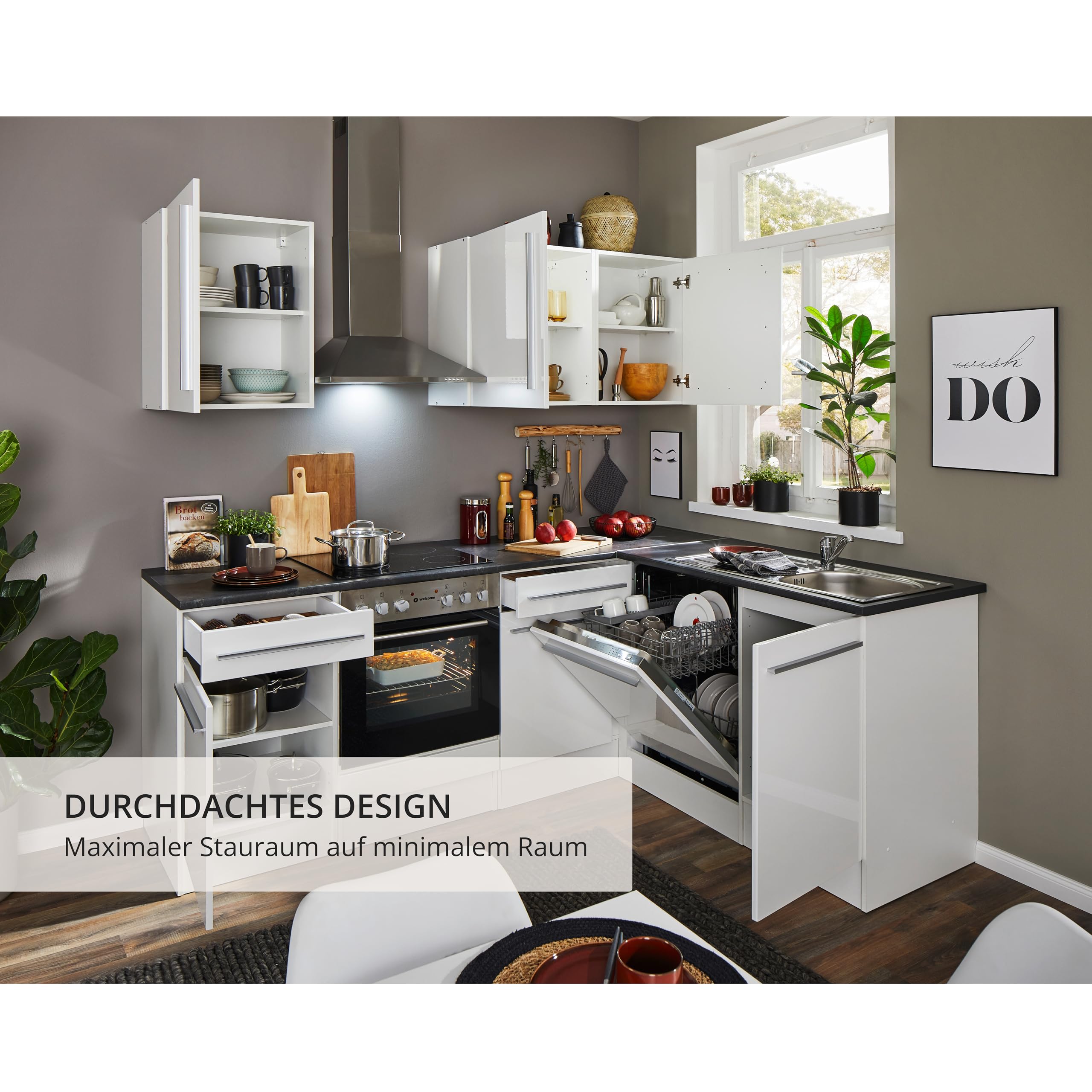 Jazz 8 Moderne Eckküche ohne Elektrogeräte in Weiß Hochglanz, Metallic Grau - Geräumige Küchenzeile in L-Form mit viel Stauraum - 220 x 211 x 60 cm (B/H/T)