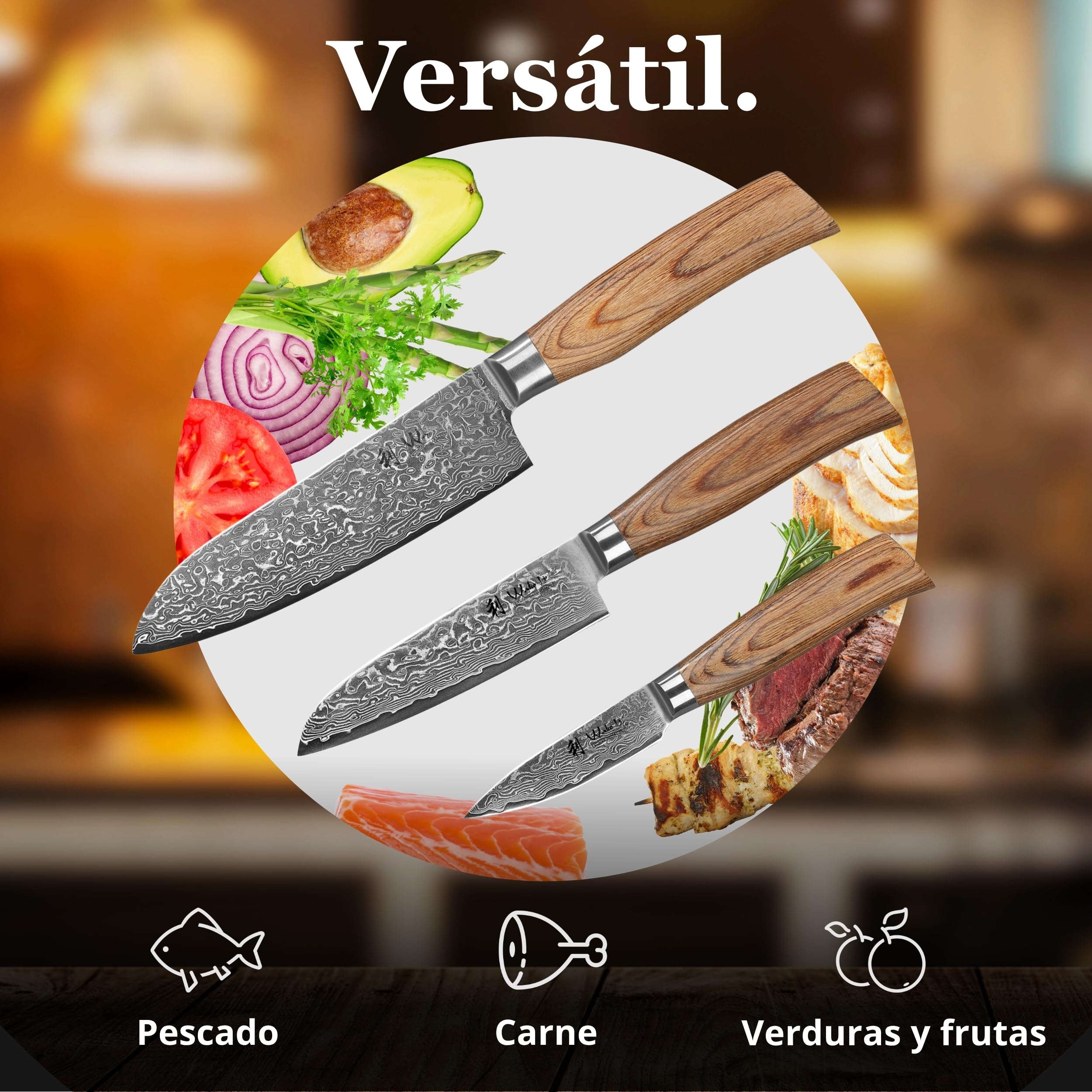 WAKOLI EDIB Pro juego de 3 cuchillos de cocina de acero de damasco de 67 capas con núcleo VG10, 2 cuchillos Santoku y 1 puntilla, mangos ergonómicos de madera Pakka, caja de regalo de madera