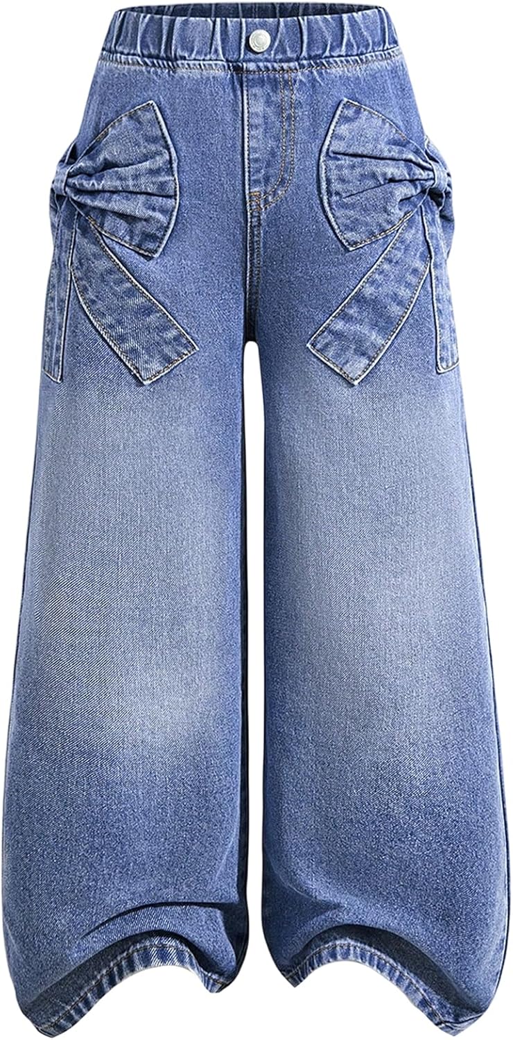 BEAUDRM Girl's Baggy Jeans Cute Casual Bowknot Elastic Waist Straight Leg Denim Pants Trousers