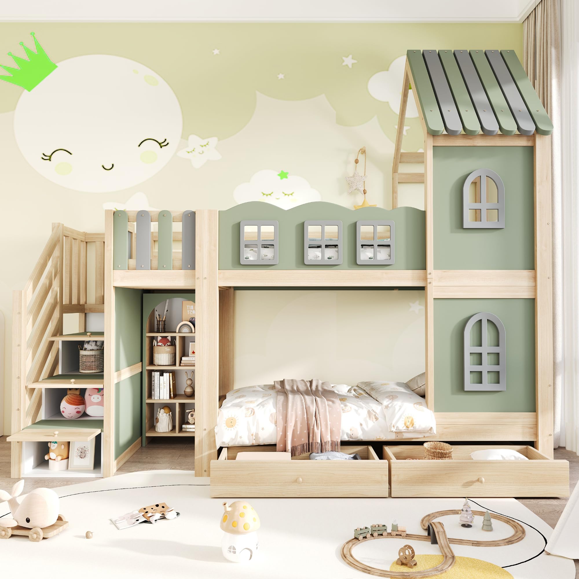 Letto Casetta per Bambini Ragazzi 90x200cm con Scaletta Contenitore, Mensole e Cassetti, Tetto con finestre, Letto a Castello Matrimoniale con Rete a Doghe (Verde) Senza Materasso