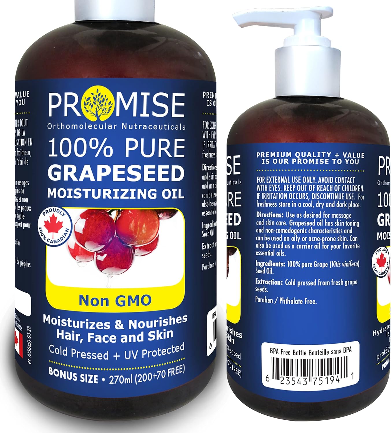 270ml (9oz) PURE GRAPESEED Oil, 100 Pure, Moisturizes & Nourishes Hair
