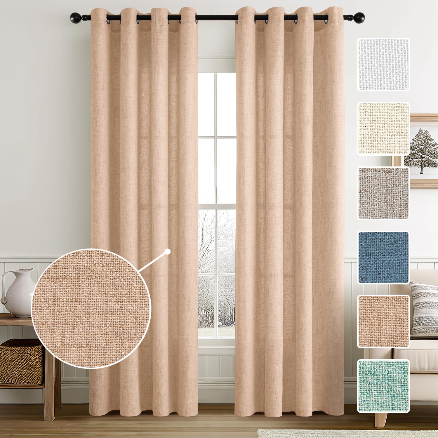 MIULEE Cortinas de Lino con Efecto de Anillos de Lino Sala de Estar Moderna Cortina de Voile Semitransparente Natural 2 Piezas 140 x 245 cm Beige-Rosa