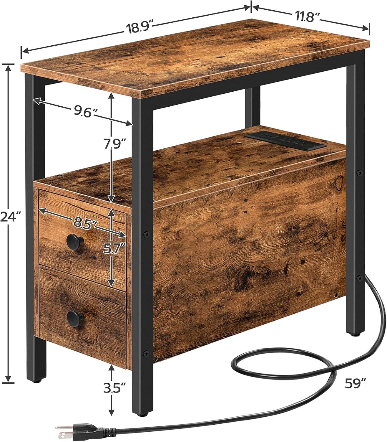 Rustic Brown and Black Metal End Table with Storage