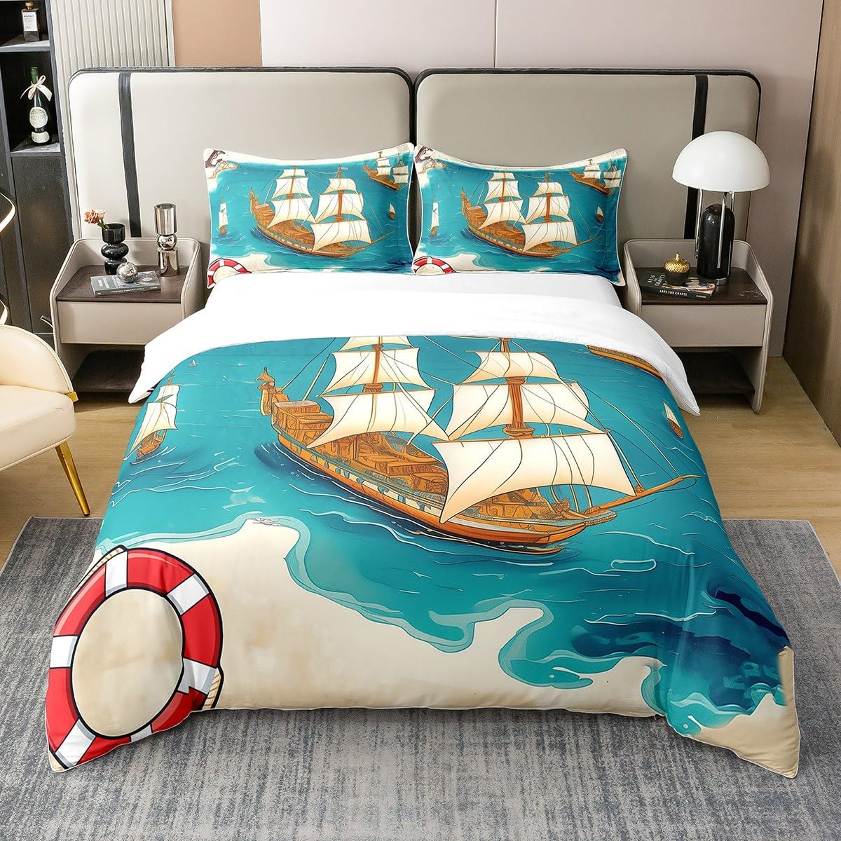 Anchor Bedding Set Nautical Sailing Ocean Theme 100% Cotton Queen Duvet Cover 3 Pcs for Kids Teens Adults Navy Blue White Simple Decor Comforter Cover,2 Pillowcases,No Comforter