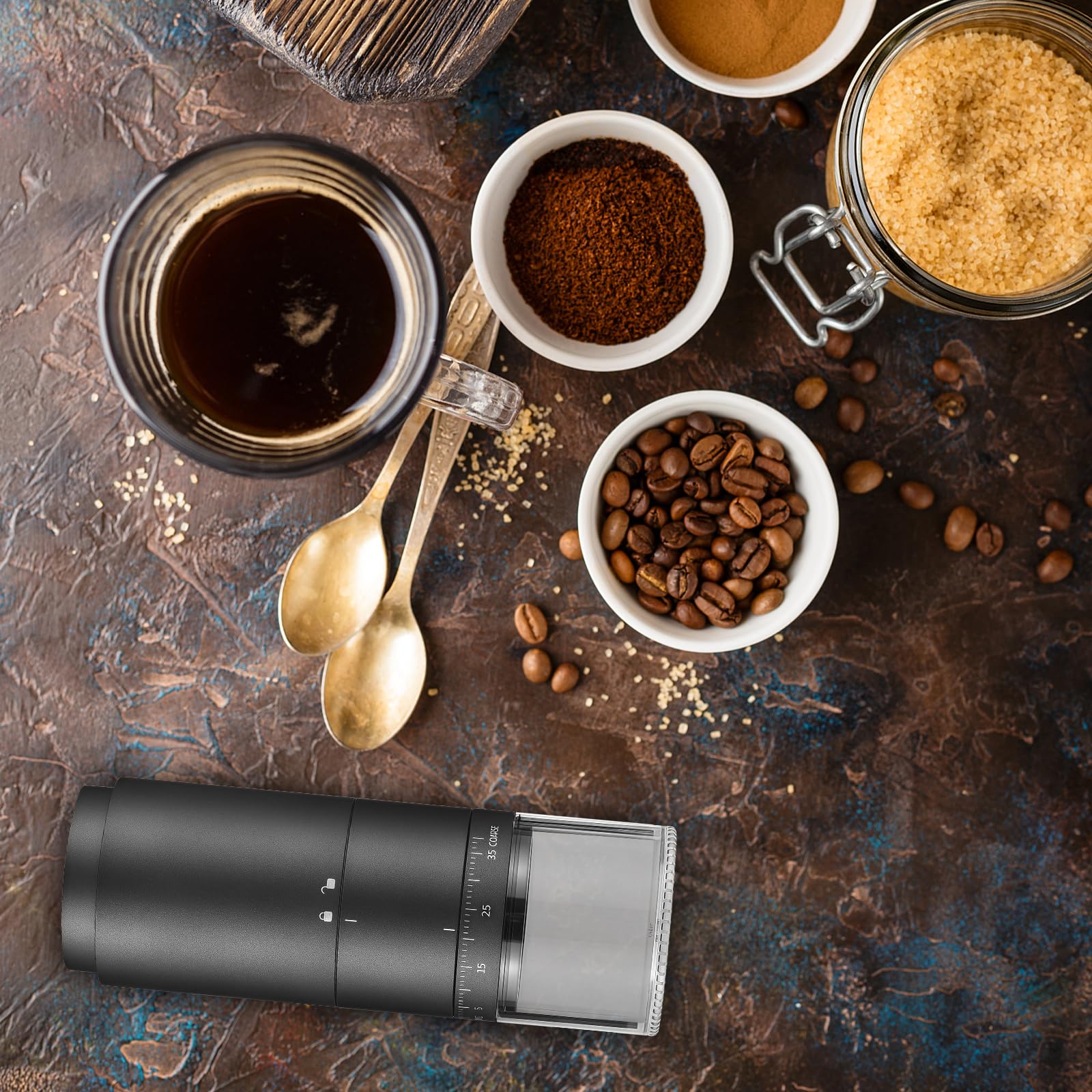 PORFOYO Molinillo de café eléctrico portátil con 38 ajustes de molienda, indicador de potencia digital, molinillo de café expreso recargable, molinillo de café expreso eléctrico