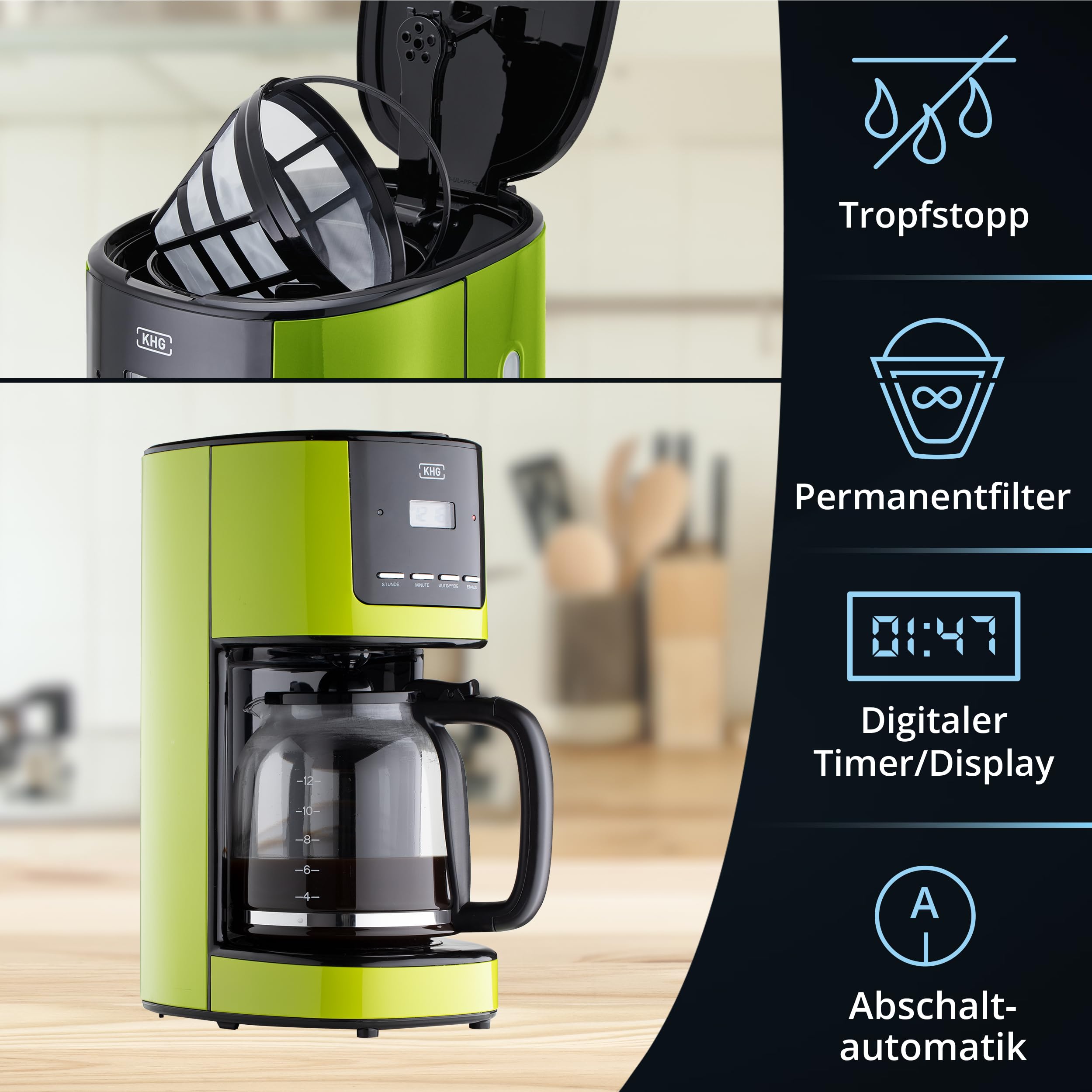 KHG Kaffeemaschine KA-184 (L) in Grün, 12 Tassen, 1,5L, 900W, Abschaltautomatik, Permanentfilter, Glaskanne und Filterhalter spülmaschinengeeignet, Timer-Funktion, LCD-Display, Tropfstopp