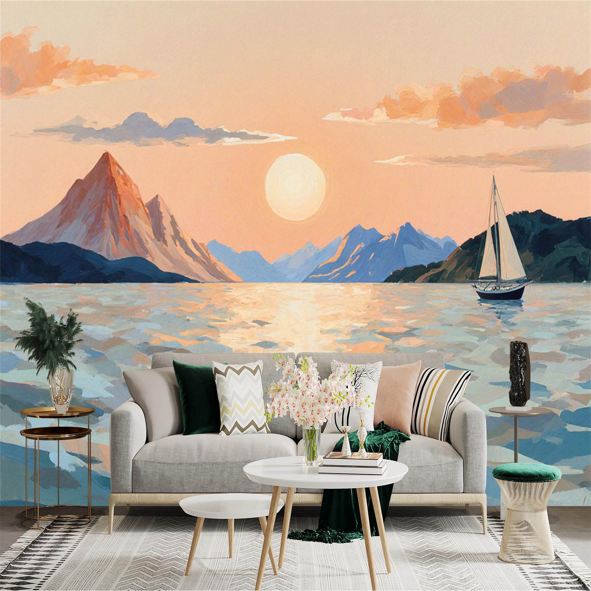 Lnzczhyre Xc260505604 Custom Size Wall Sticker Mural， Sunset Over Mountain Lake， Sailboat On Calm Waters， Peaceful Golden Hour Landscape， For Wall Decoration， Peelandstick Wall Decals.