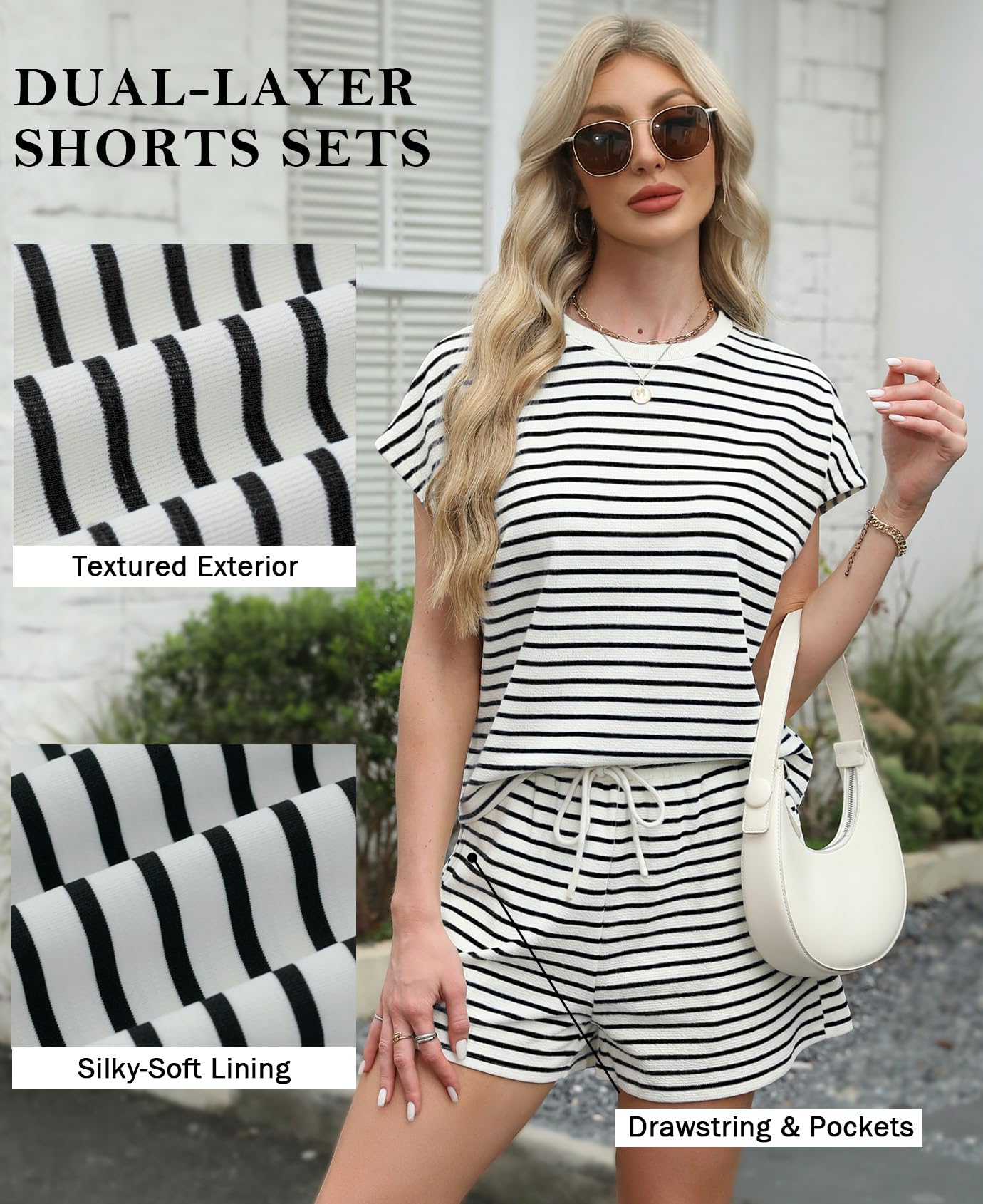 Sweetmoon Conjunto de dos piezas para mujer, conjunto de verano a rayas, camiseta de manga corta y pantalones cortos a juego, ropa de mujer