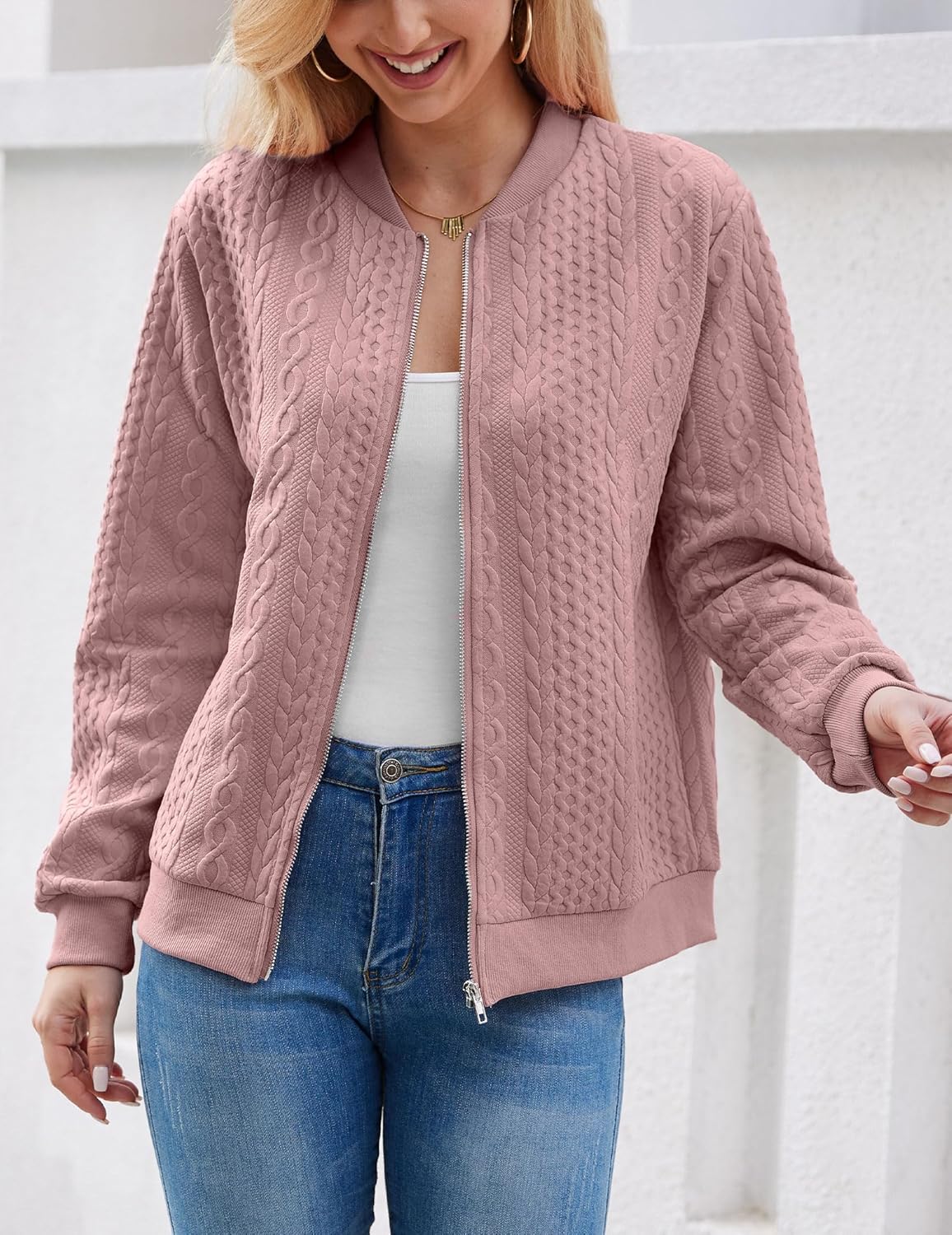 Women Zip Up Sweater Casual Outfits Cardigan Outerwear Trendy Winter Jacket Coat White M - Image 3