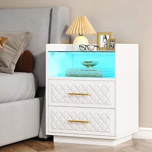 Tribesigns Mesita de noche con 2 cajones, mesa auxiliar con luces LED y estante de almacenamiento, mesa auxiliar moderna para dormitorio, sala de