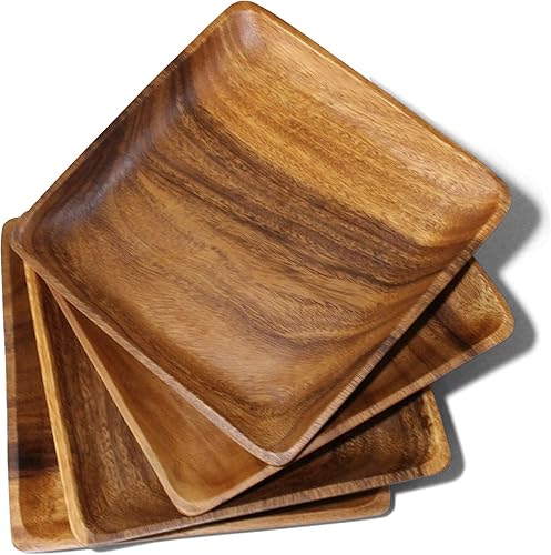 Juego de 4 platos de madera de acacia cuadrados de 10 pulgadas, vajilla rústica para carne, barbacoa, embutidos o como cargadores de madera