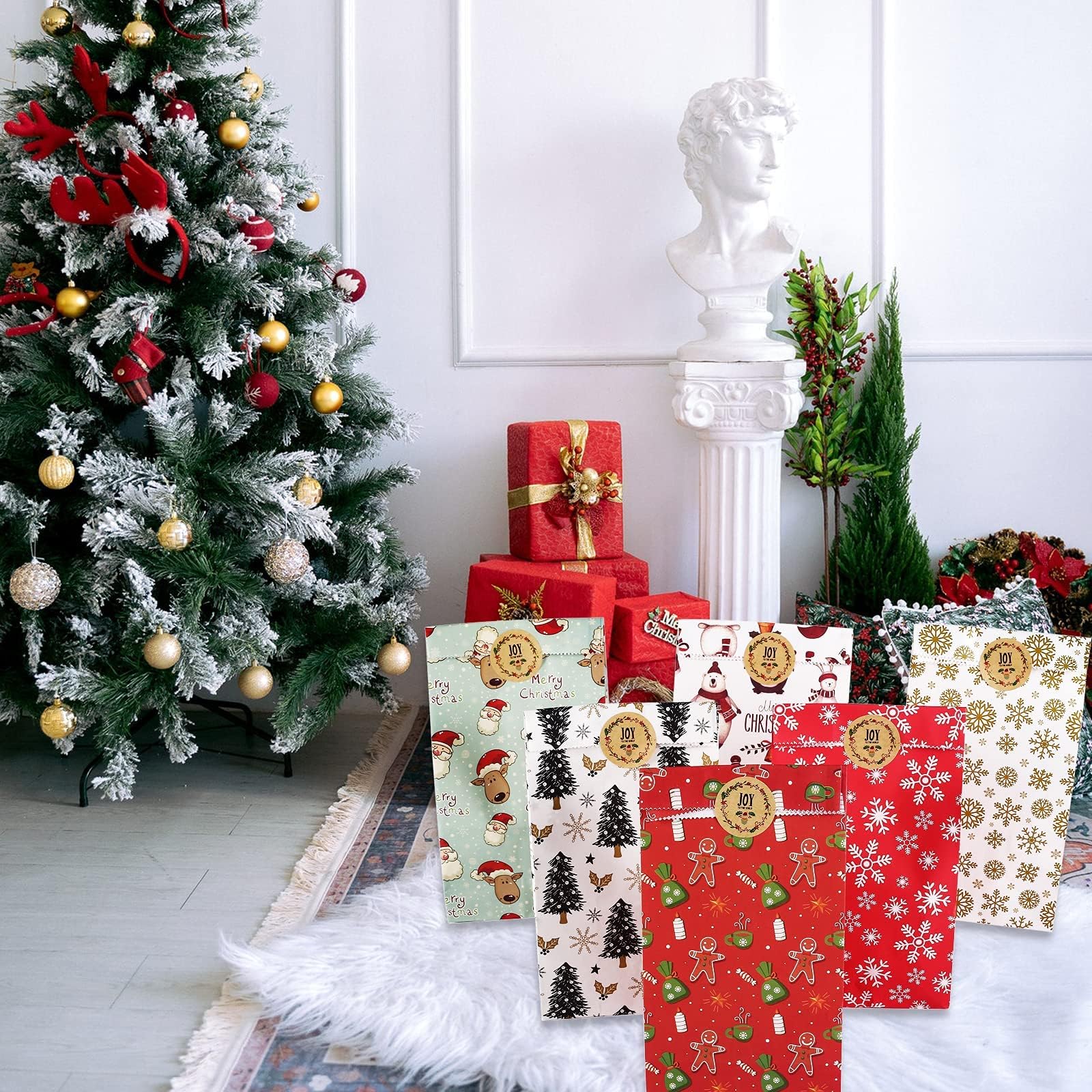 STARRKY 24PCS Christmas Goodie Bags With Stickers, Christmas Gift Bags 6 Styles For Cookies, Lunch, Classrooms Xmas Party Favors - View #10