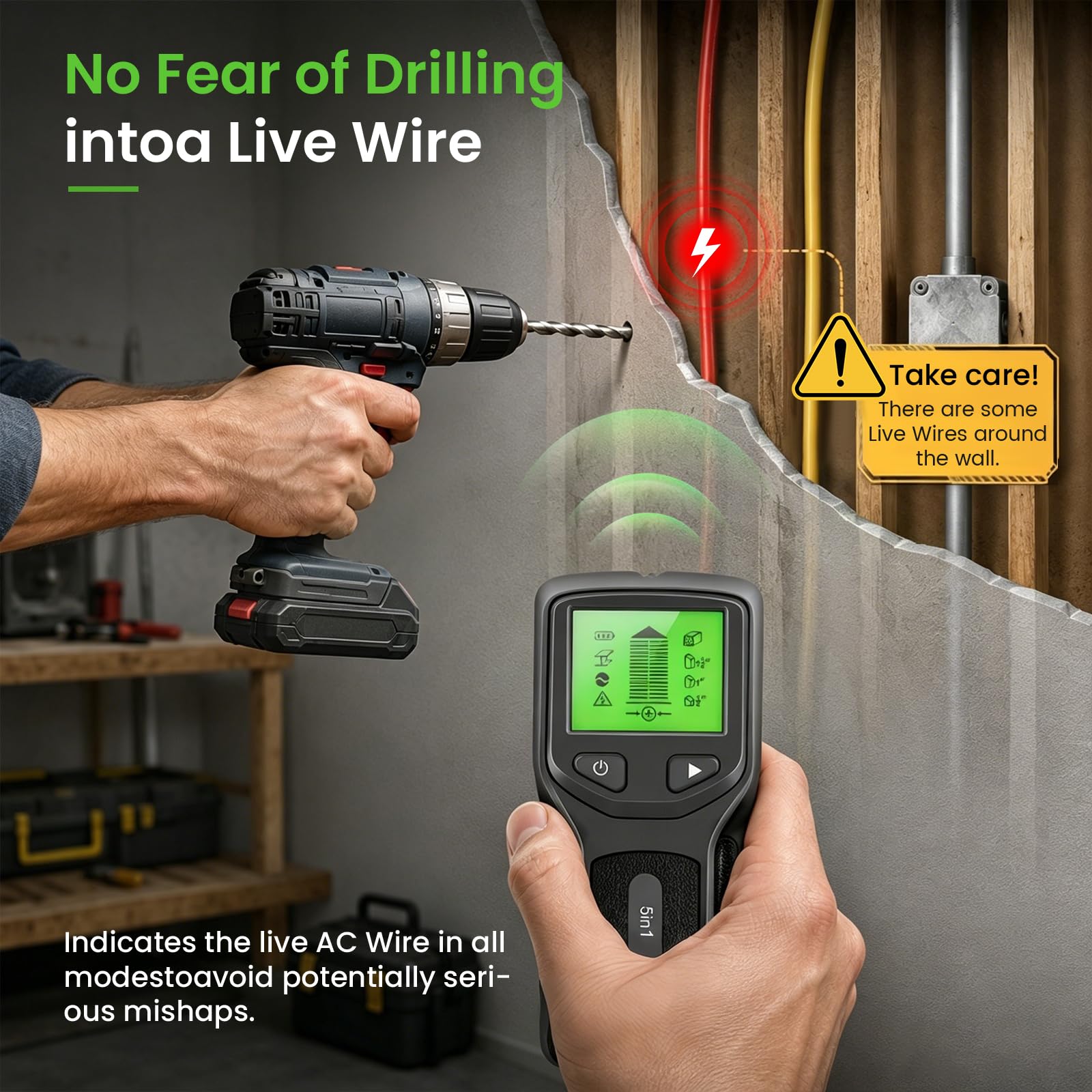 5 en1 Détecteur de Cable Électrique Mur, Detecteur de Cable Electrique avec Écran HD LCD et Alerte Sonore, Scanner Mural pour Localiser Les Métaux Chevilles en Bois Câbles Électriques CA
