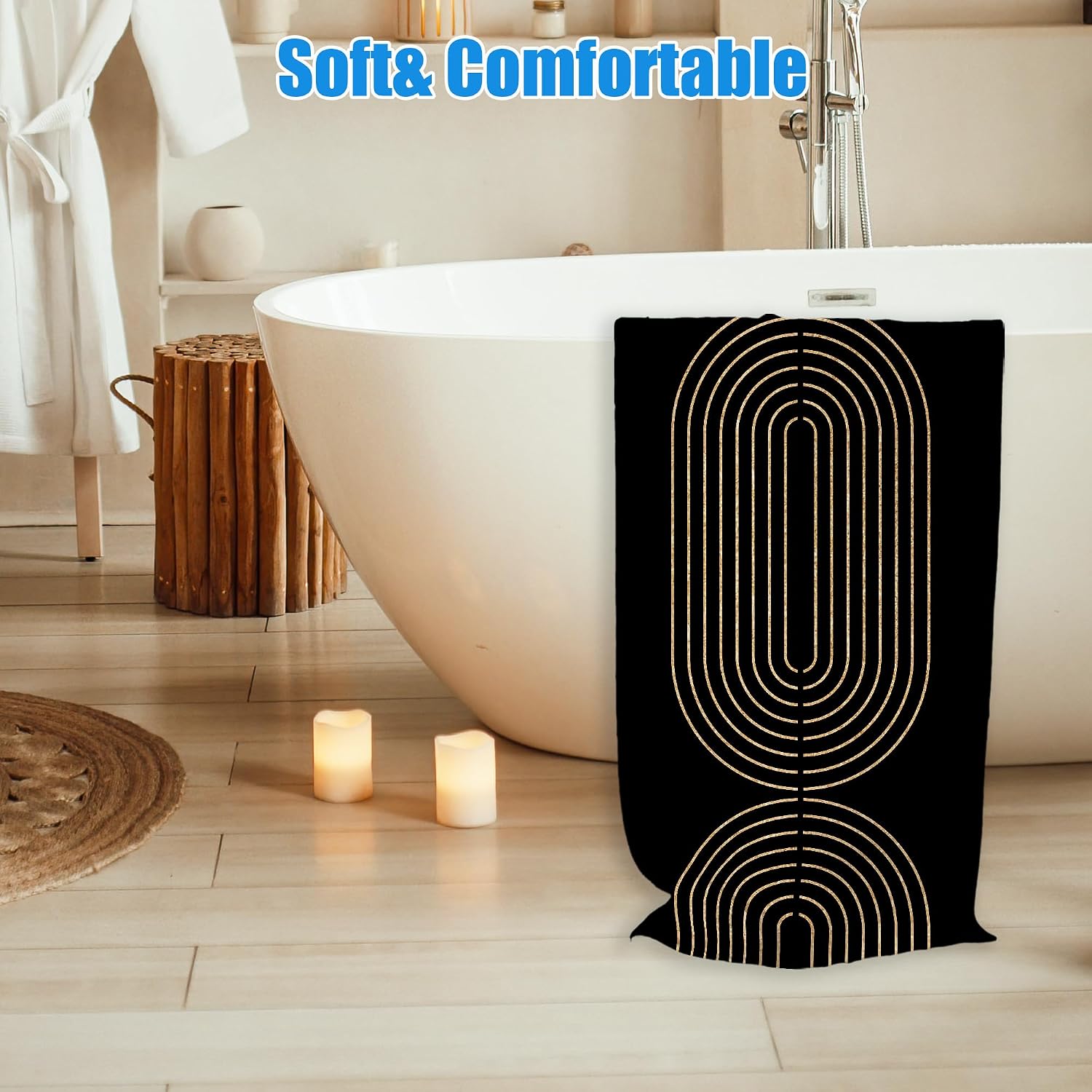 Black Gold Beach Towel, Boho Mid Century Sand Beach Towels Gifts for Men Women Adults, Modern Abstract Quick Dry Bath Pool Towels for Bathroom Spa Pool, Mid Century Bathroom Decor, 30x60