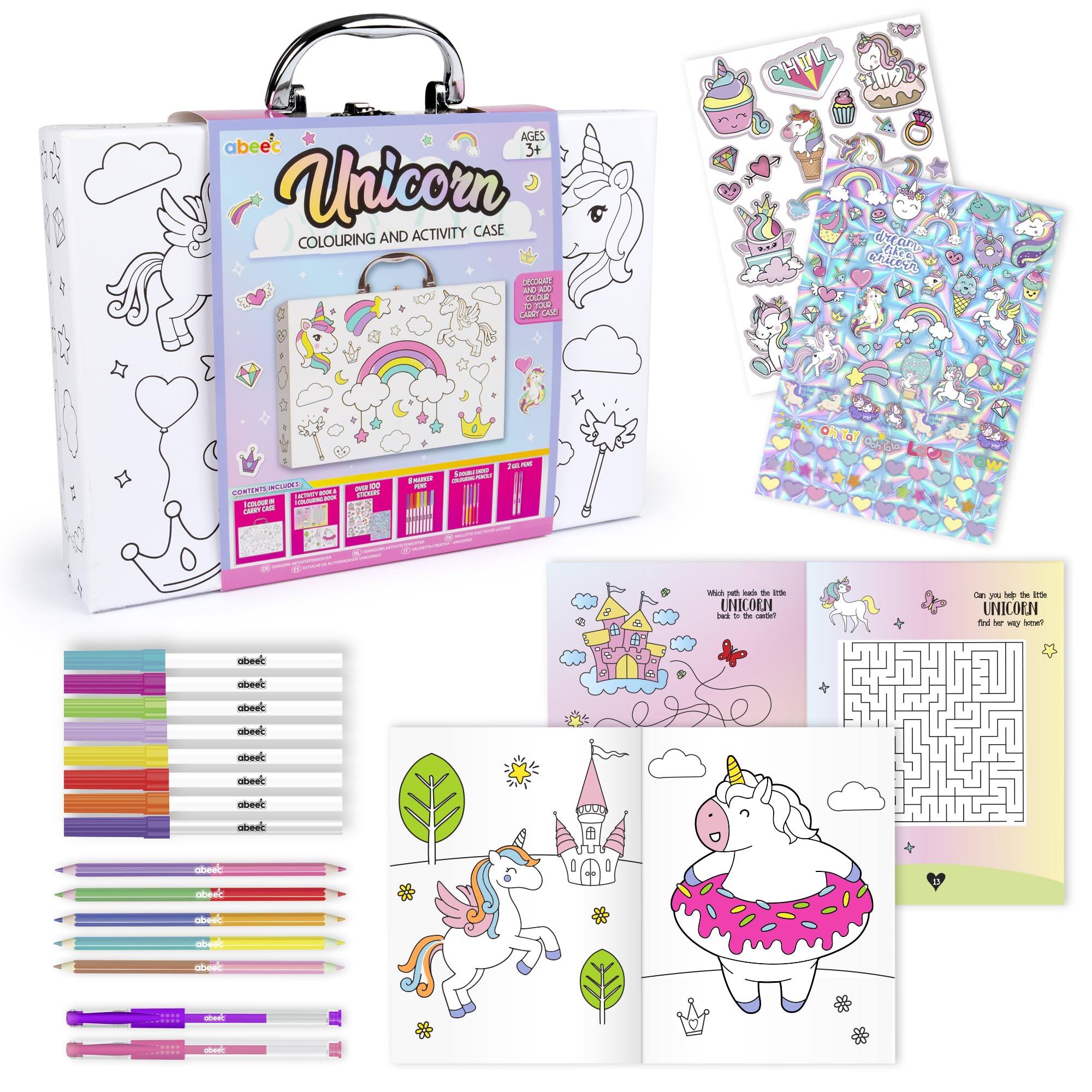 abeec Unicorn Colouring & Activity Case | Arts & Crafts for Kids | Colouring & Activity Book with Stickers, Markers, Pencils & Gel Pens | Unicorn Travel Set & Creative Gift for Girls