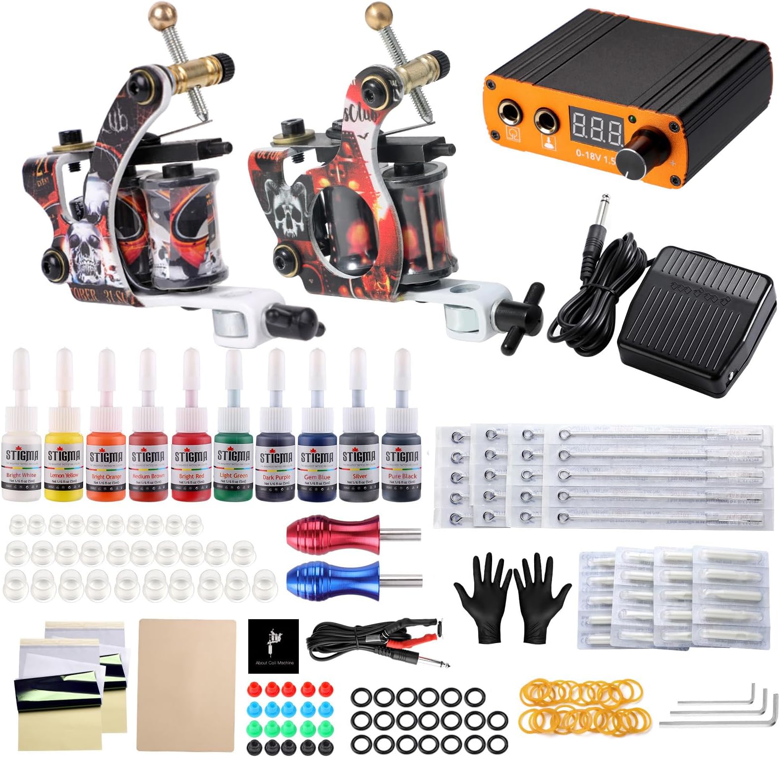 STIGMA Complete Tattoo Kit, Coil Machine Guns Liner & Shader with 20 Pcs Tattoo Needles, Tips Grips Tattoo Supplies TK-ST207-UK