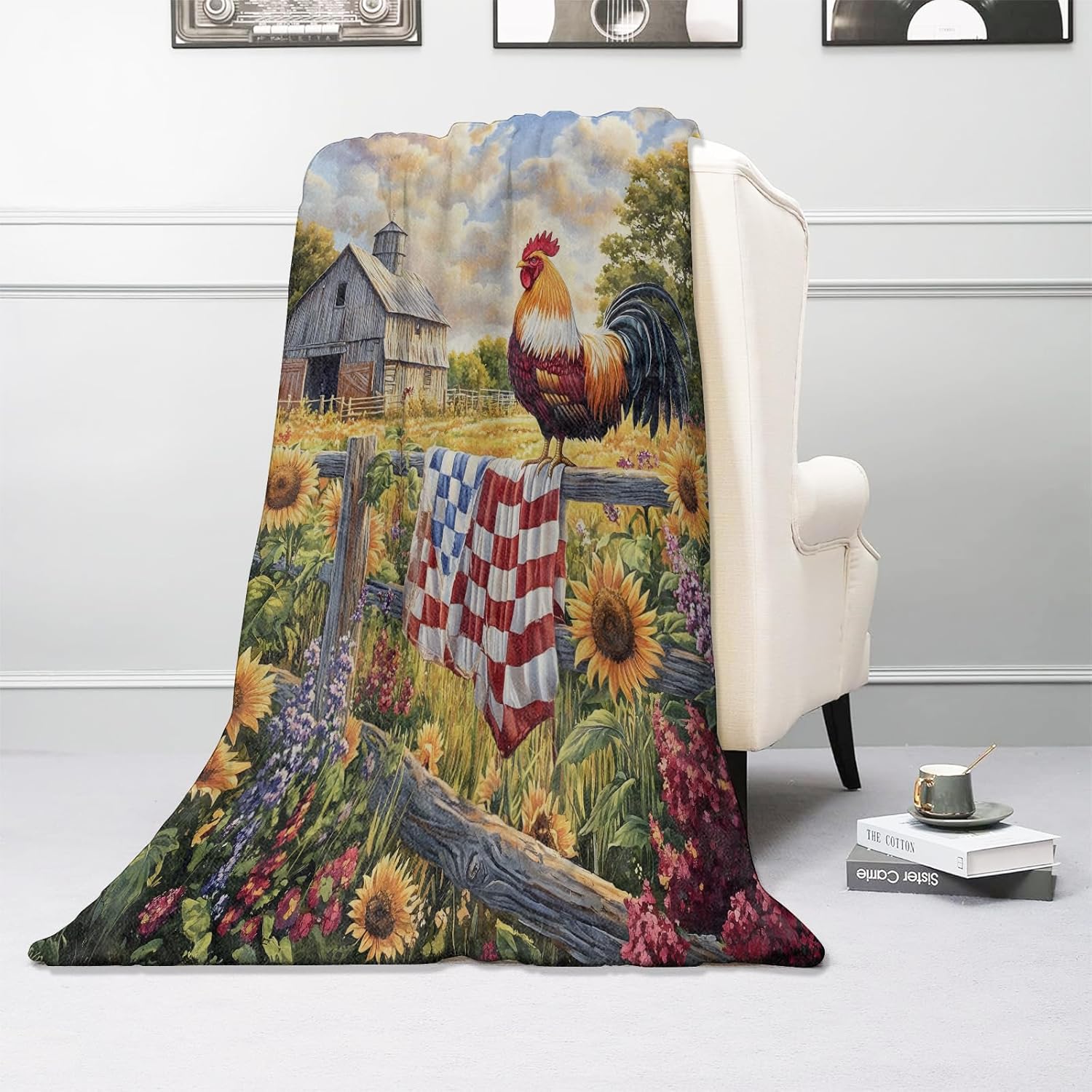 Rustic Rooster Blanket, Warm Cozy Flannel Throw with Sunflower and Botanical, Soft Lightweight Blankets for Travel, Sofa, Bedroom, Office, Farmhouse Home Decor Gifts for Adults Women 60"×50" - Image 2