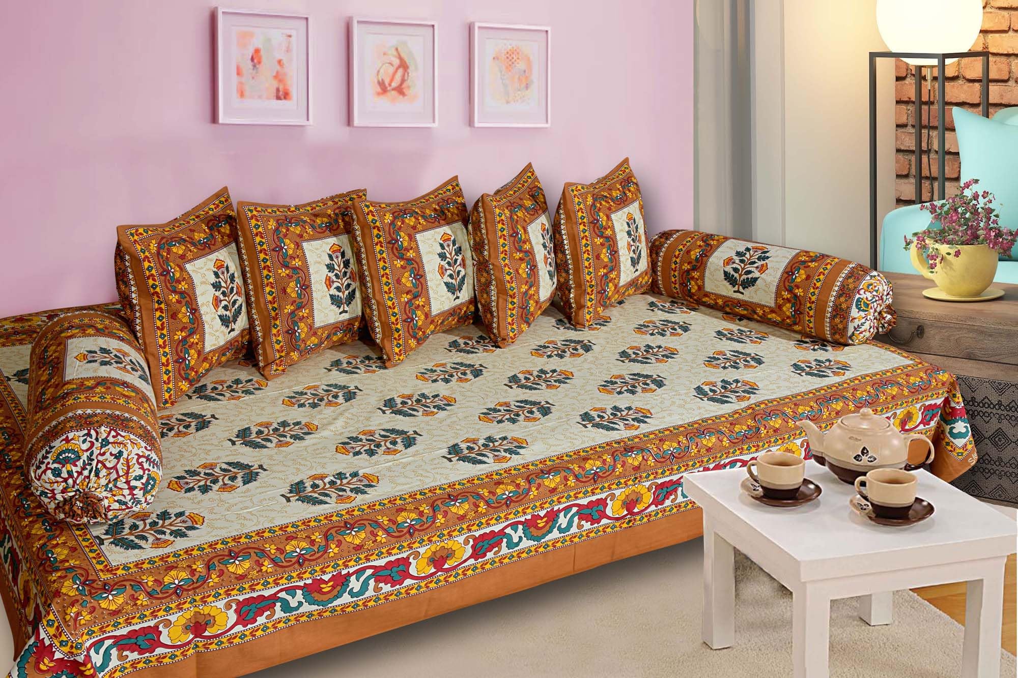 AMLEXTTRIZ Special Floral Pure & Soft Cotton Diwan Cover Set |8 Pcs Set - 5 Cushion Cover,2 Bolster Cover,1 Bedsheet (Yellow)-image-15