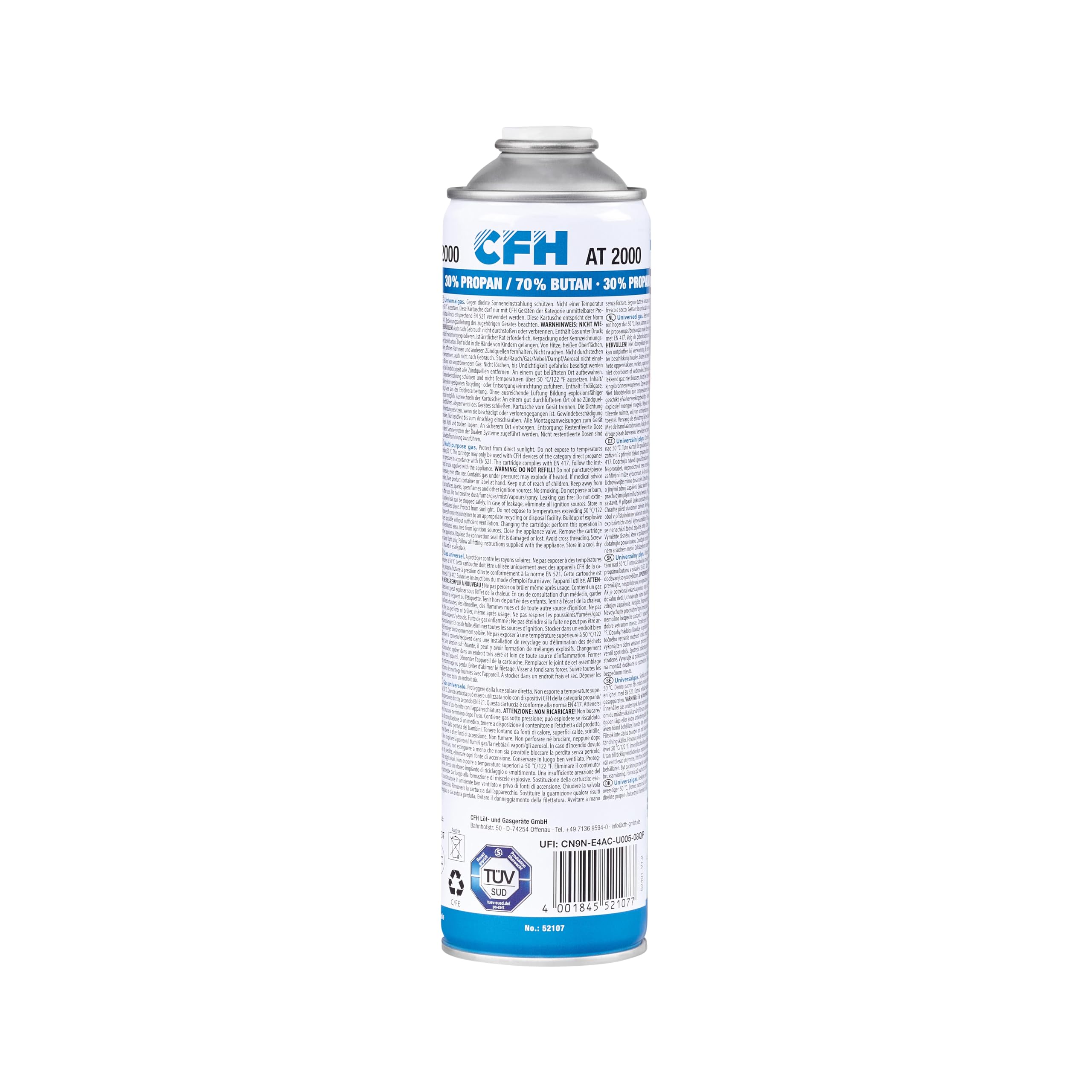 CFH Boîte de gaz comprimé Universelle at 2000 – Boîte de gaz Pression avec Filetage de Fixation Conforme à la Norme DIN en 417, mélange Propane/​Butane, 30% propane/​70% Butane, Contenu 330 g, pour