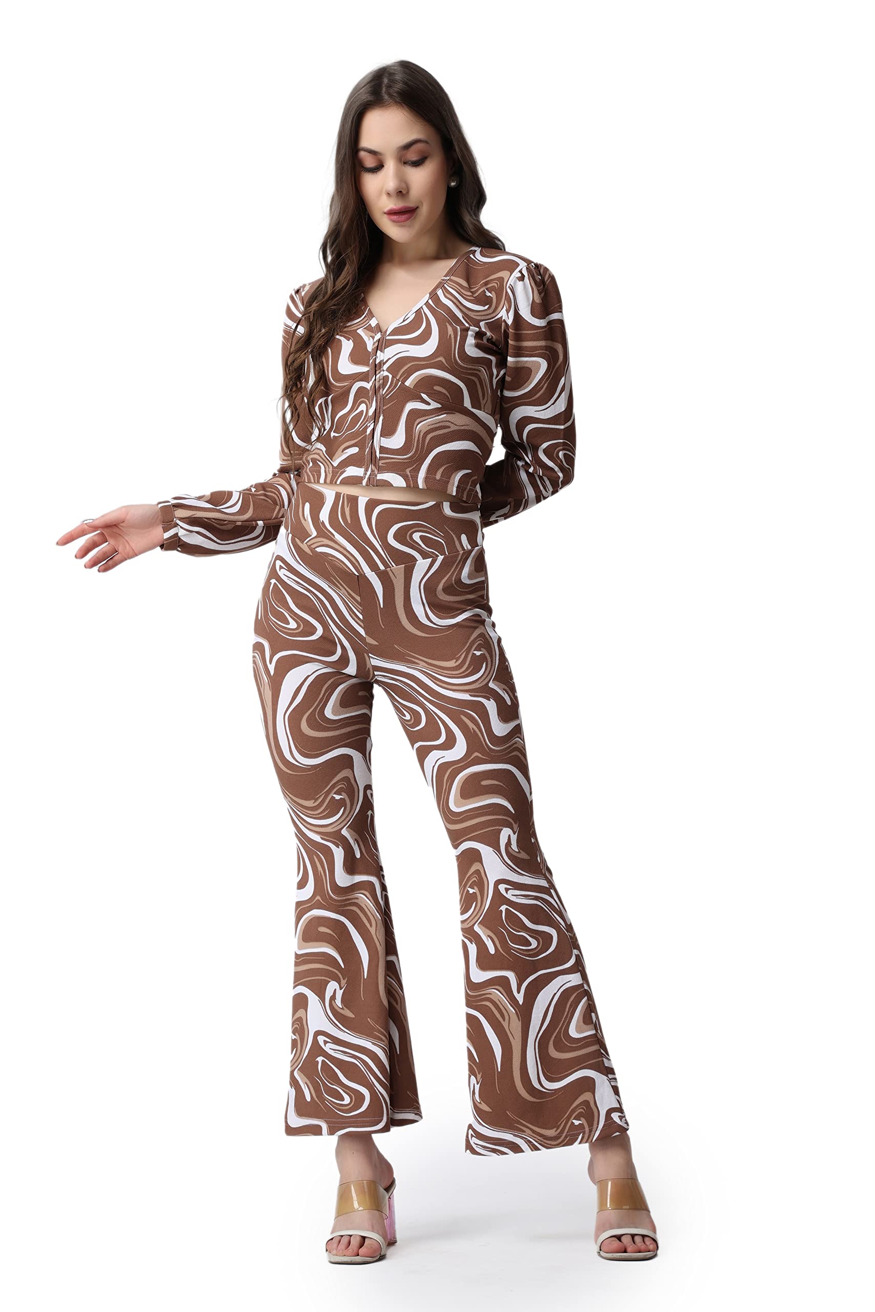 Popwings Casual Brown Marble Printed Crop Top And Trouser Co-Ord Set For Women || Co-Ords Set For Women Stylish Western || Full Sleeves V-Neck Crop Top And Bootcut Trouser Dress Set For Women