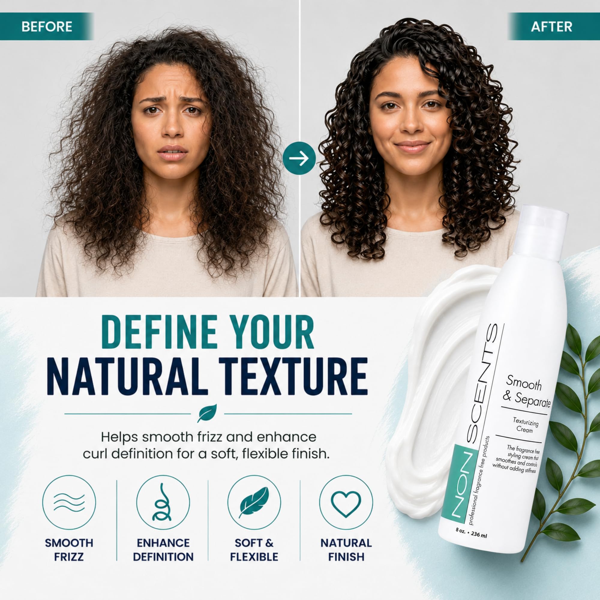 Nonscents Curl Defining Cream, Unscented Fragrance-Free Hair Texturizer