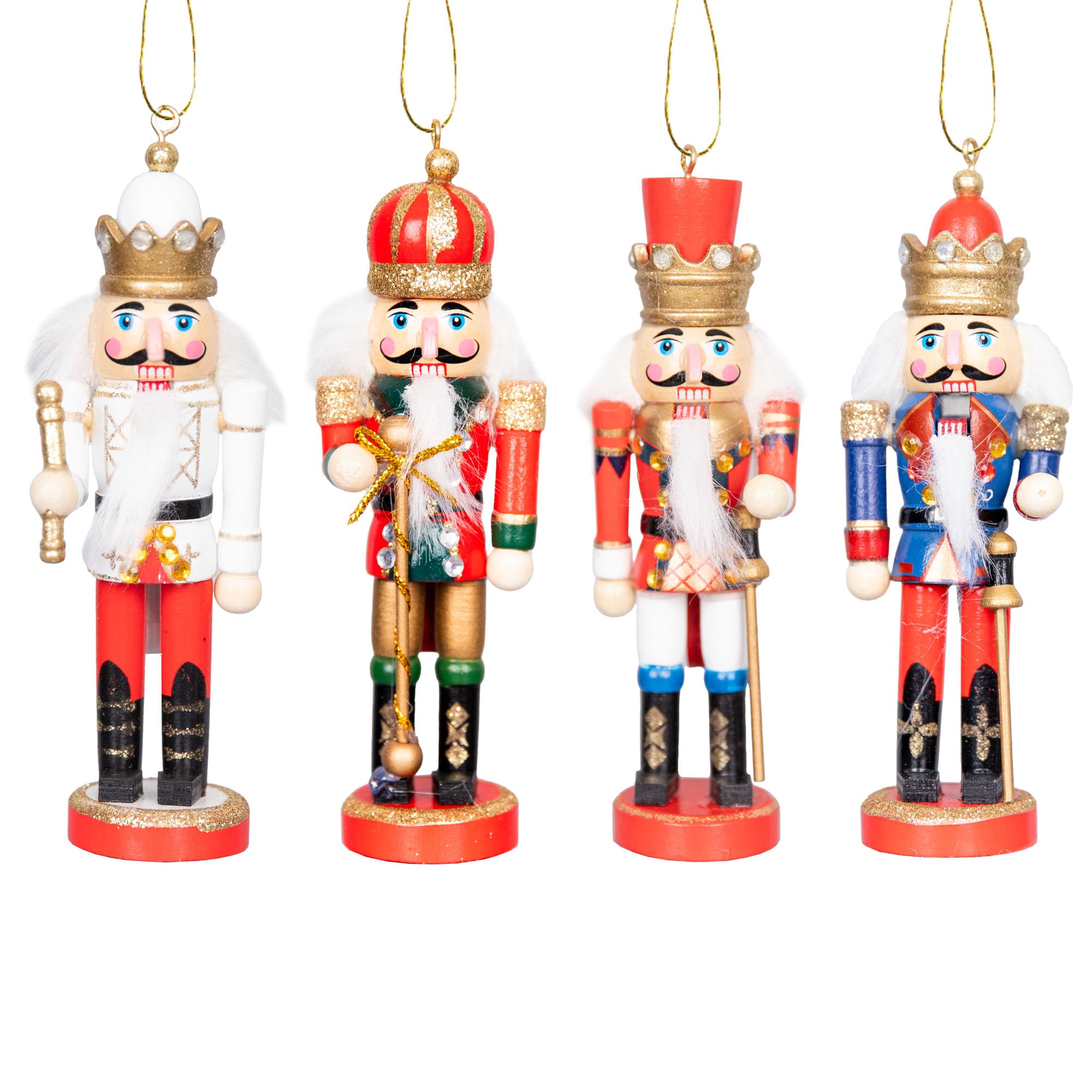 SHATCHI 13cm Wooden Christmas Nutcrackers 4pcs Set - Soldiers King Puppet Moving Parts Figurines Christmas Tree Hanging Decoration Ornaments