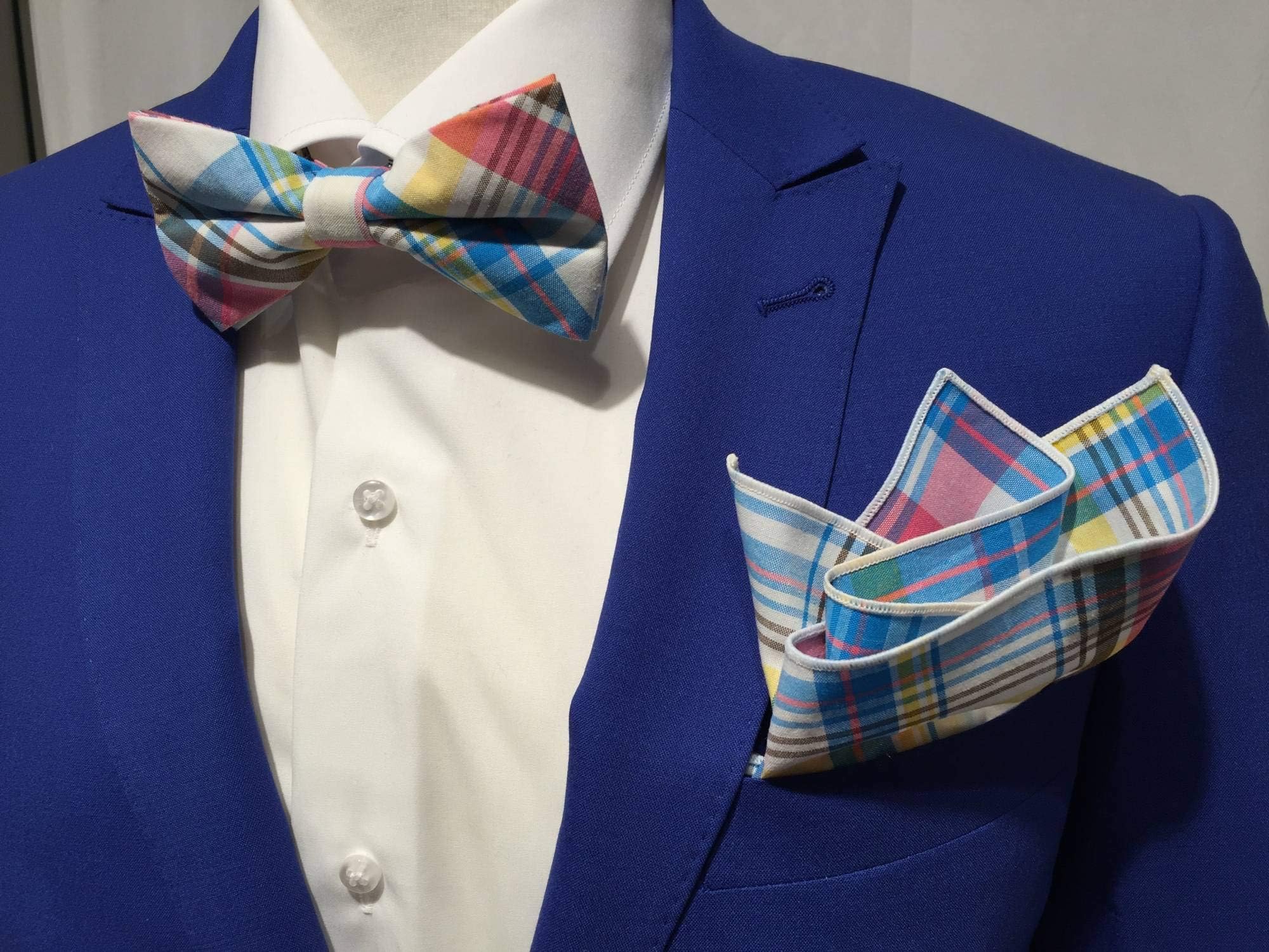 Men's Silk Pre-Tied Bow Tie Hanky Set Cotton. Gentleman Bow and Towel in Check Design Blue Red White Yellow Ideal for Shirt Suit Casual Outfit Celebration Mix