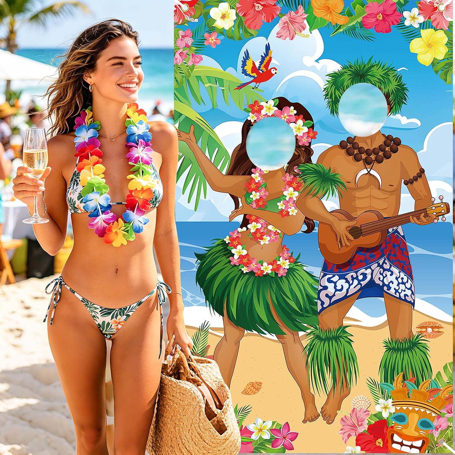 Hawaiian Party Decorations Photo Prop Banner Tropical Luau Couple Photo Booth Background Door Banner Aloha Tiki Banners Beach Prop Tiki Backdrop for Summer Luau Party Supplies Wall Door Cover