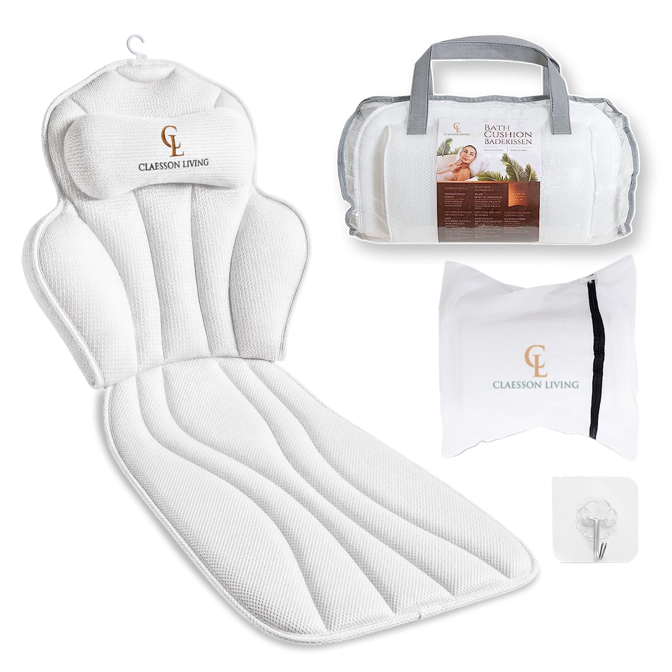 Cuscino Vasca da Bagno per Tutto il Corpo (152x56cm) – Cuscino Bagno con ventose e Poggiatesta (11cm); Supporta Collo, Schiena e Gambe – Incl. borse Lavaggio/Viaggio e Gancio Asciugatura – Bianco