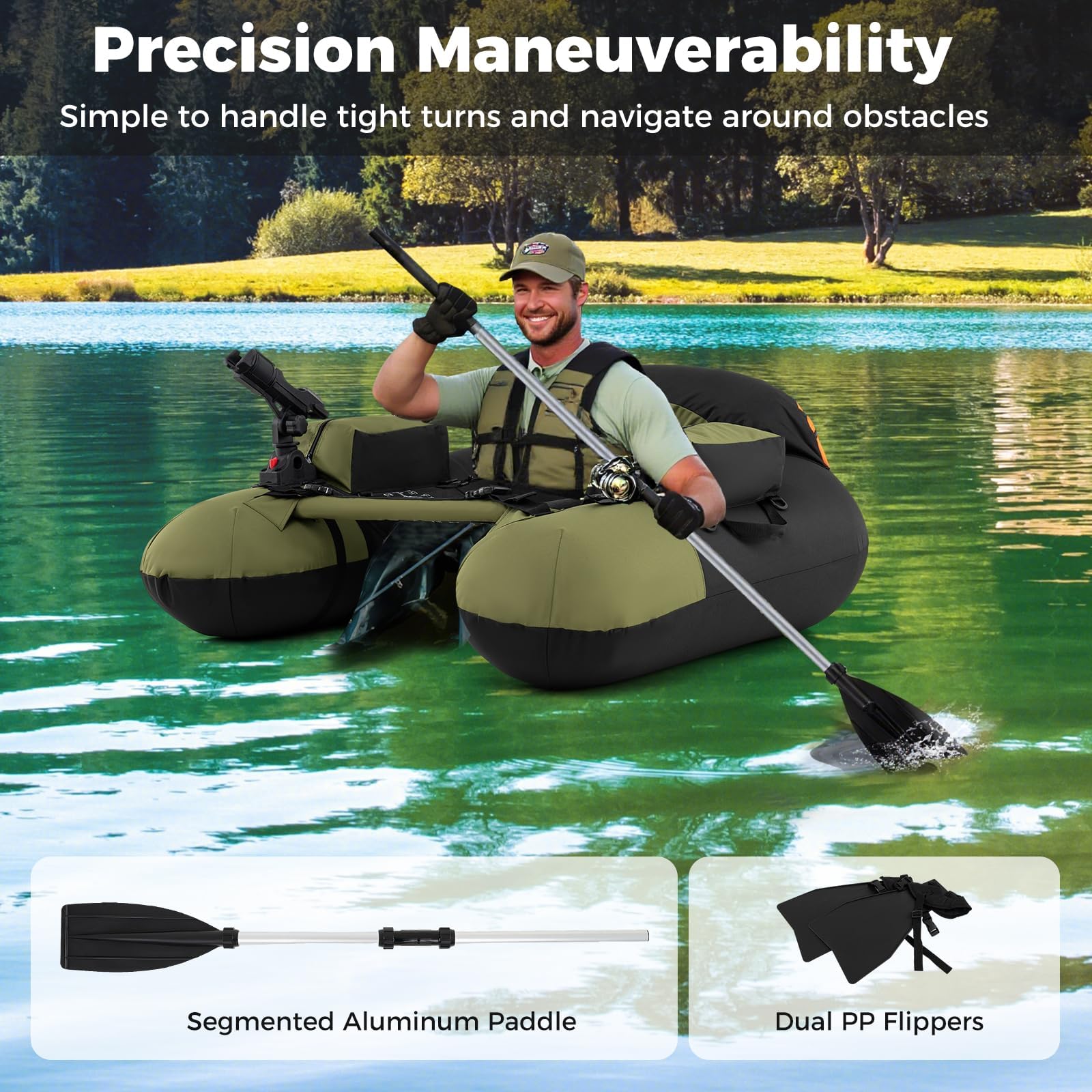 FANTASK Barca da pesca con pompa, pagaia in alluminio e pinne, supporto regolabile per canne da pesca, stantuffo, barche Belly per adulti, verde
