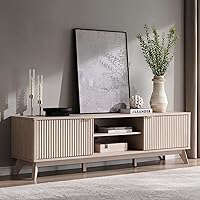 OKD 70" Mid-Century Modern Fluted TV Stand with Soft-Close Doors & Adjustable Shelves - Alder White Media Console
