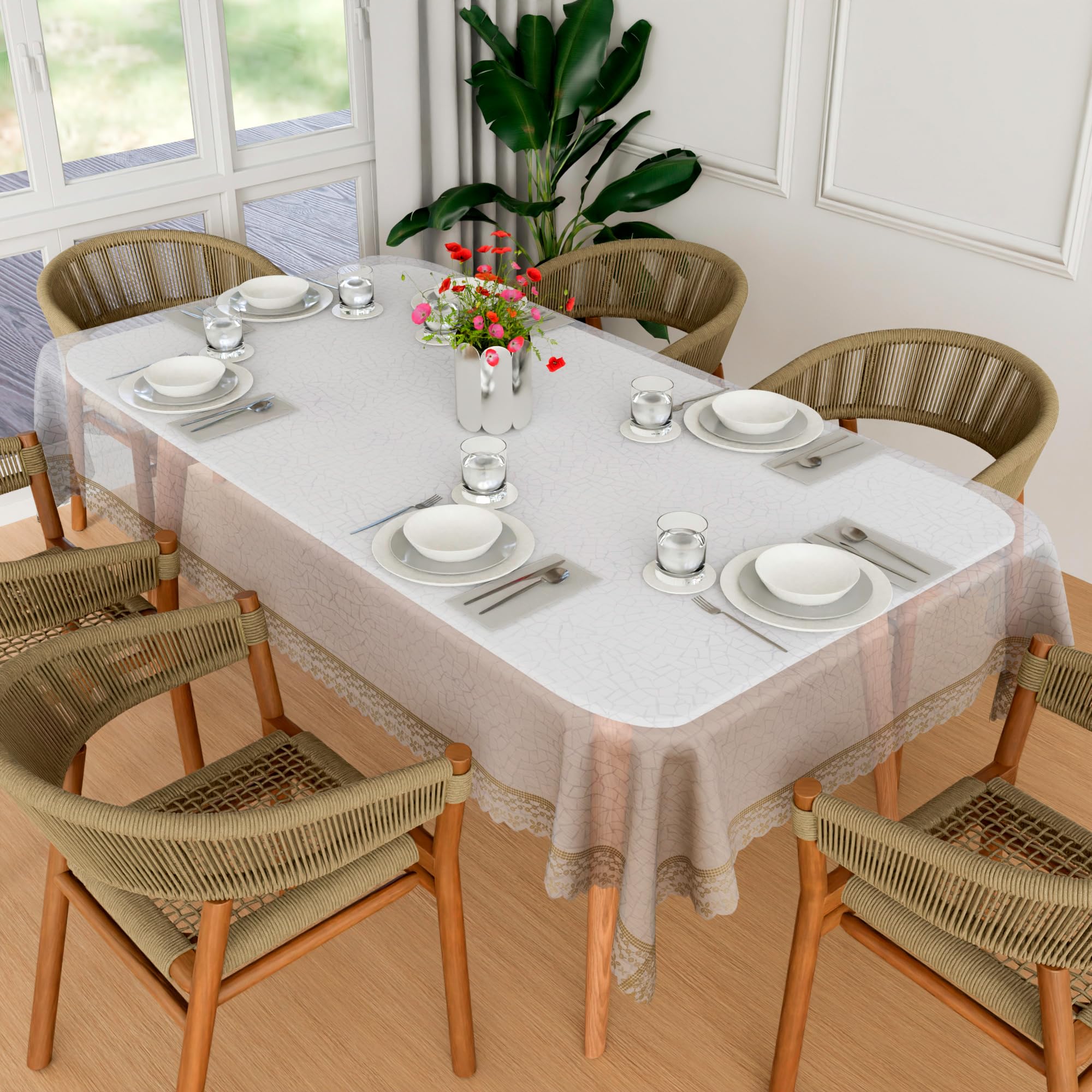 Kuber Industries Dining Table Cover | PVC Table Cover | Brown Embossed Lace Check Table Cover | Table Protector | Table Cover for Dining Table | 60x90" | Transparent