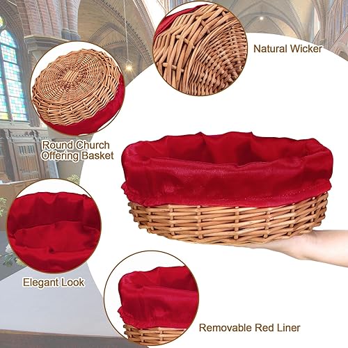 Miniatura 3 de Hushee Paquete de 3 cestas redondas naturales para ofrendas de mimbre para iglesia con forro rojo extraíble, cesta de frutas redonda de ratán para