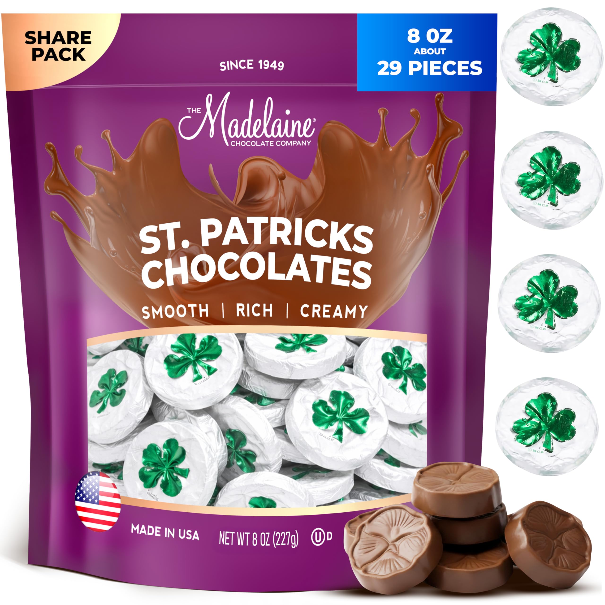 Madelaine St. Patrick's Day Solid Premium Milk Chocolate Shamrocks - ½ LB Bag Individually Wrapped Chocolate Candy in Matte White Foil with Green Shamrock - St. Patrick's Day Candy for Everyone